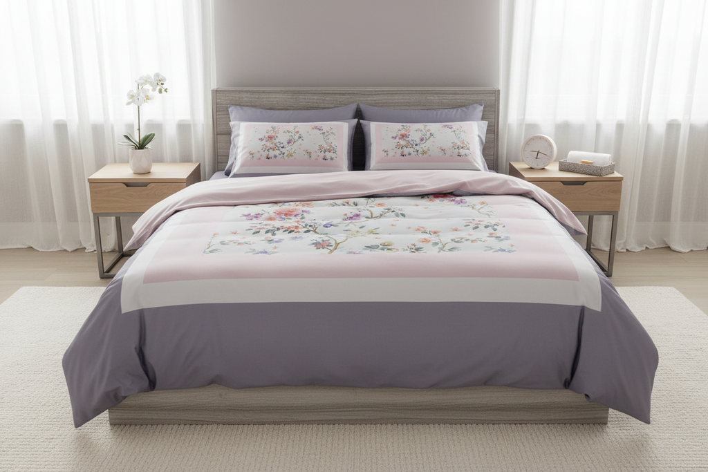 Bedding set with floral patterns and 'Rochelle France' branding.