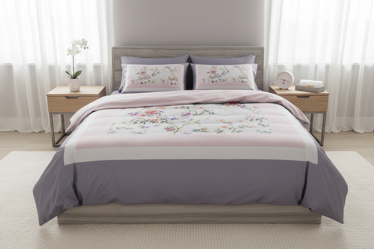 Bedding set with floral patterns and 'Rochelle France' branding.