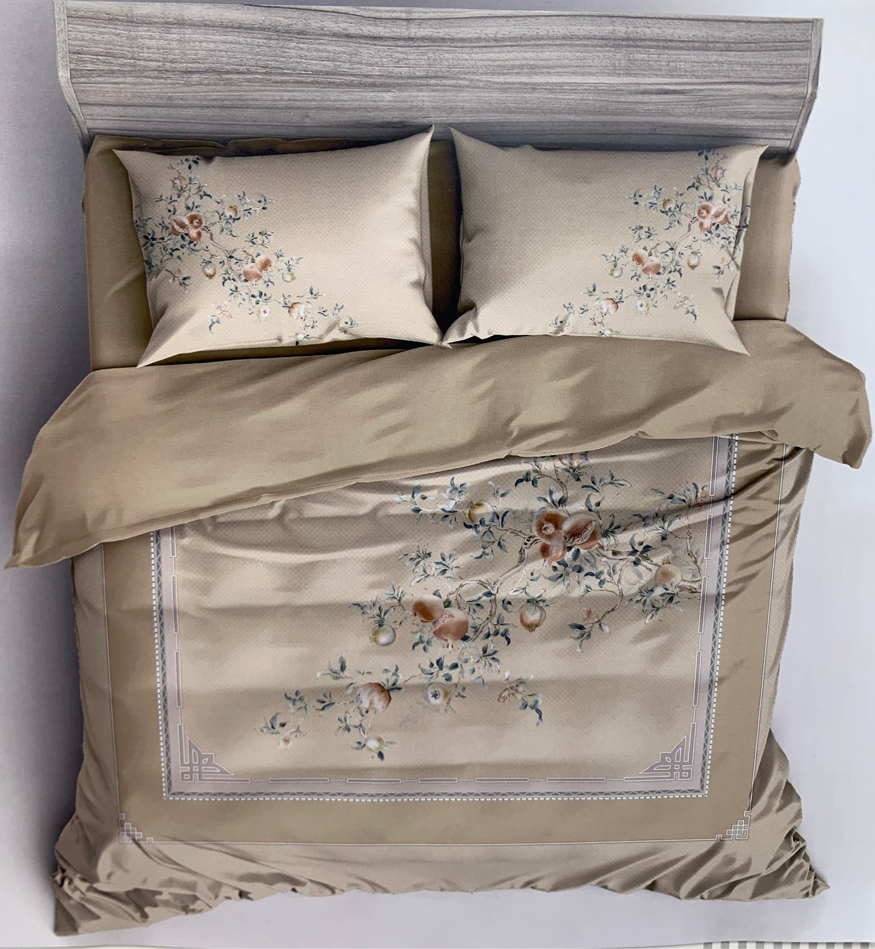 Floral embroidered bedding set with 'Nouelle France' branding on a white background
