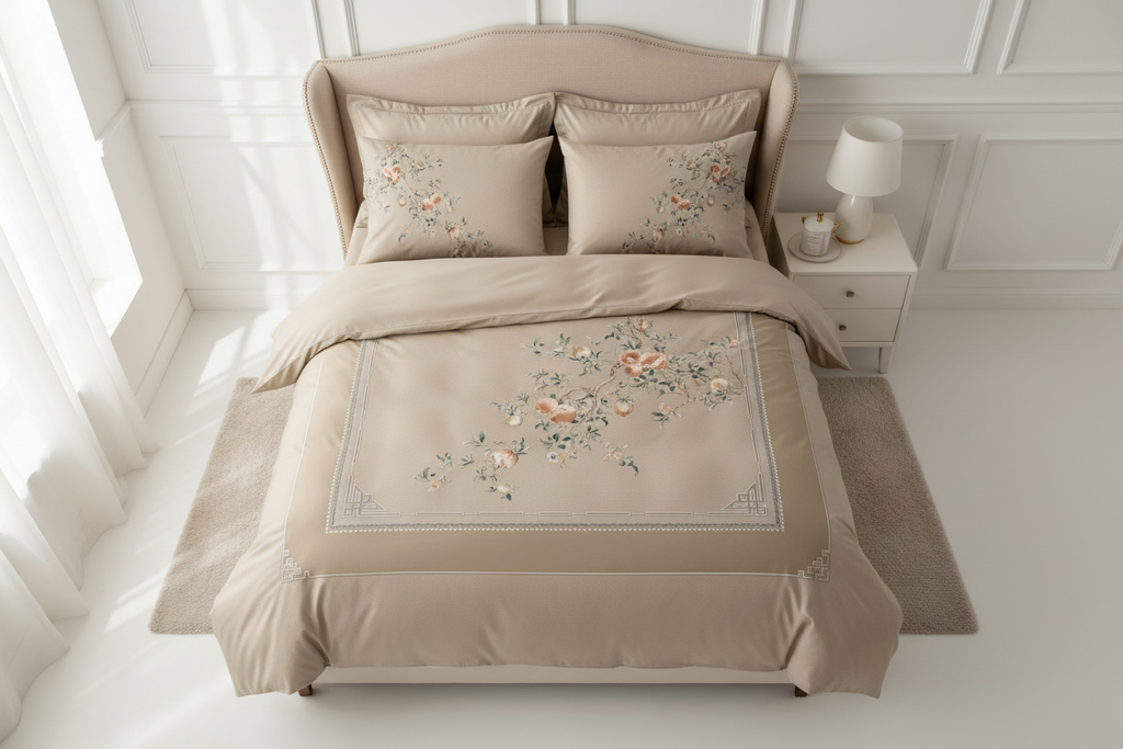 Floral printed bedding set with 'Roucelle France' branding on a white background