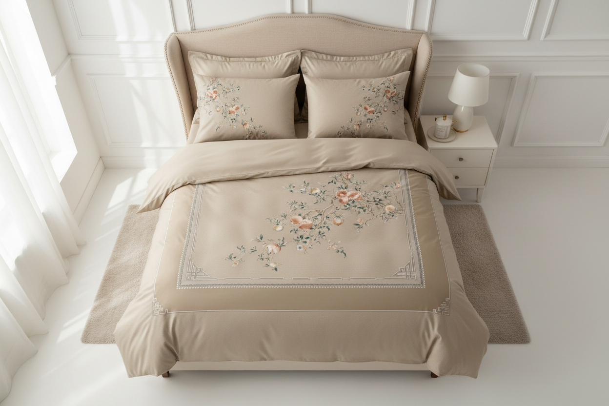 Floral printed bedding set with 'Roucelle France' branding on a white background