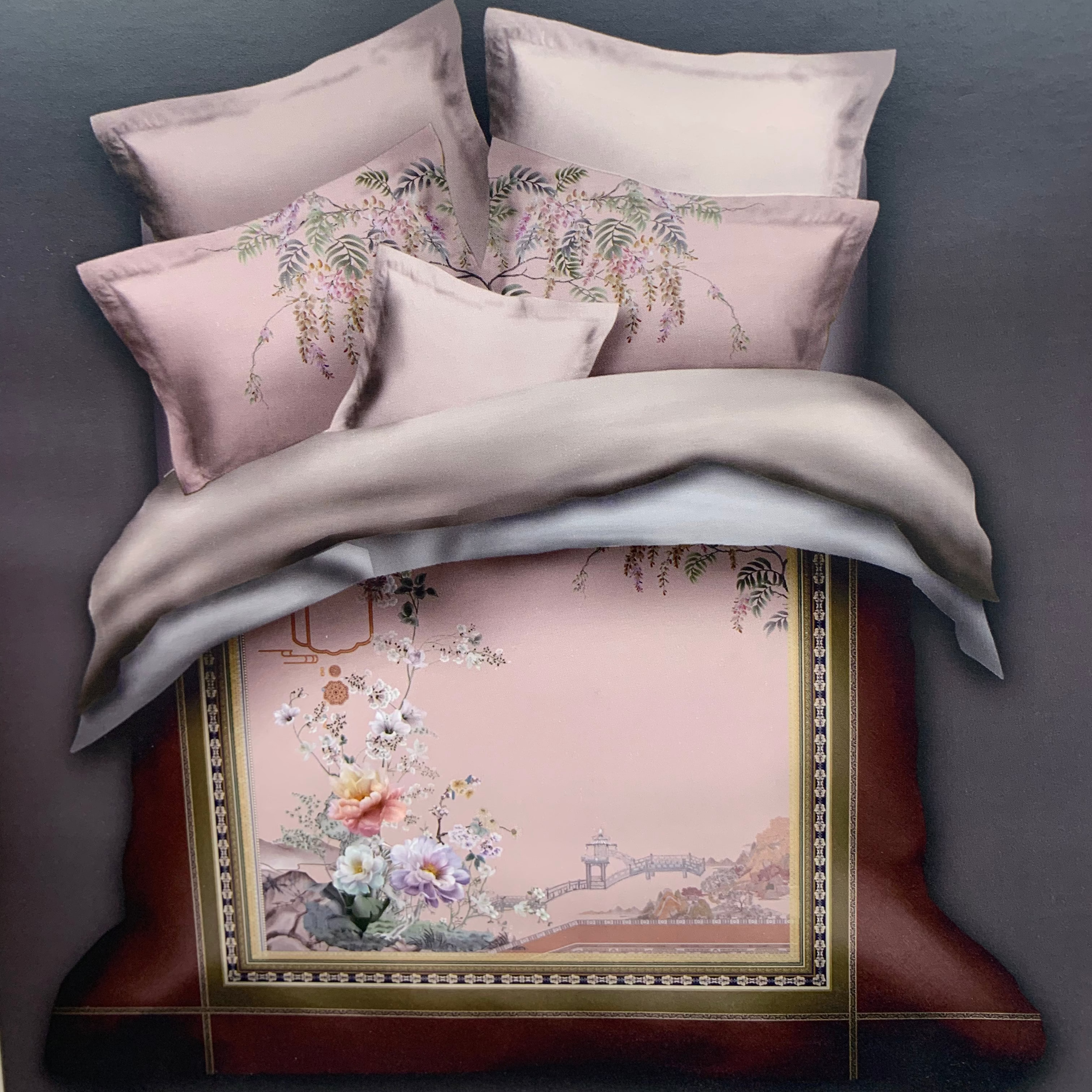 Floral bedding set with decorative pillows on a bed, featuring the brand 'Rochelle France'.