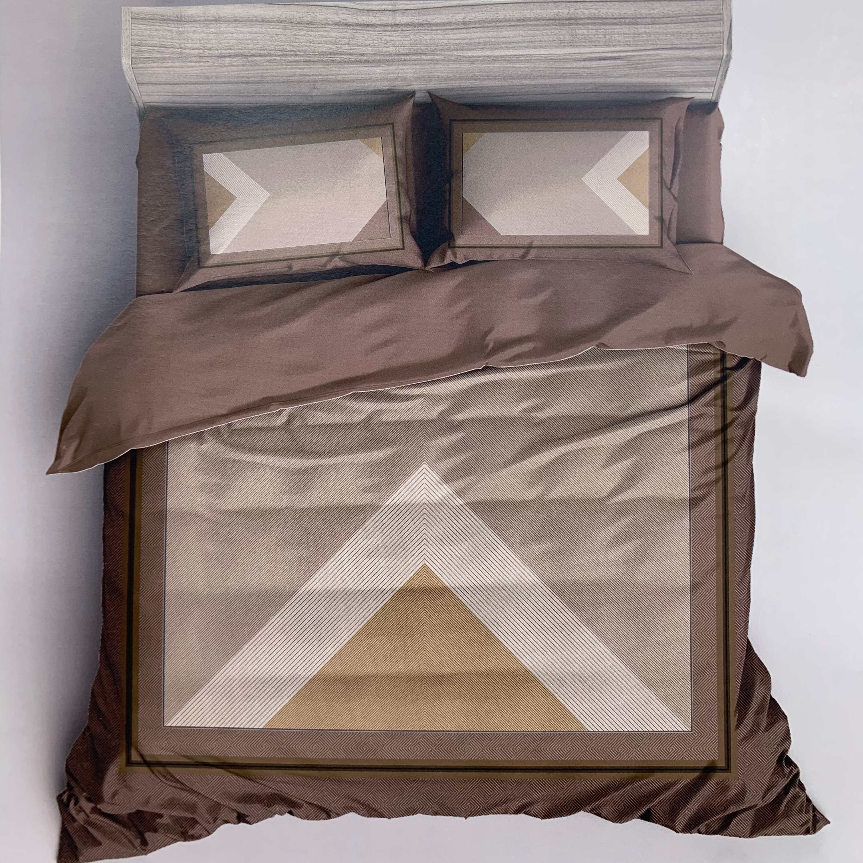 Bedding set with geometric patterns and 'Rochelle France' branding on a white background