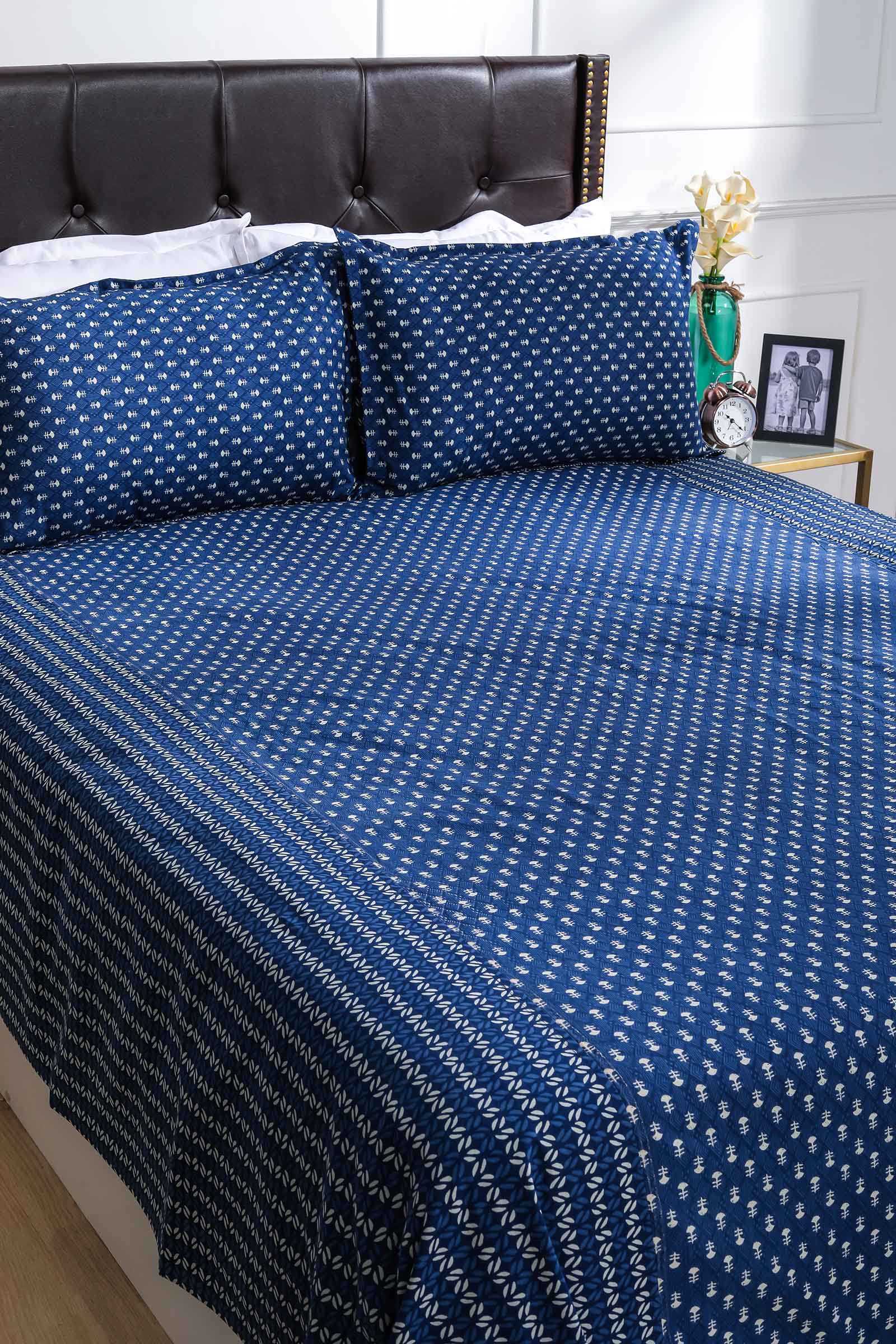 Block Printed Bedsheet Indigo ikkat 01 90 x 108inch - grahsajja