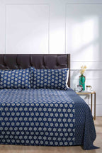 Block Printed Bedsheet Indigo ikkat 90 x 108inch - grahsajja