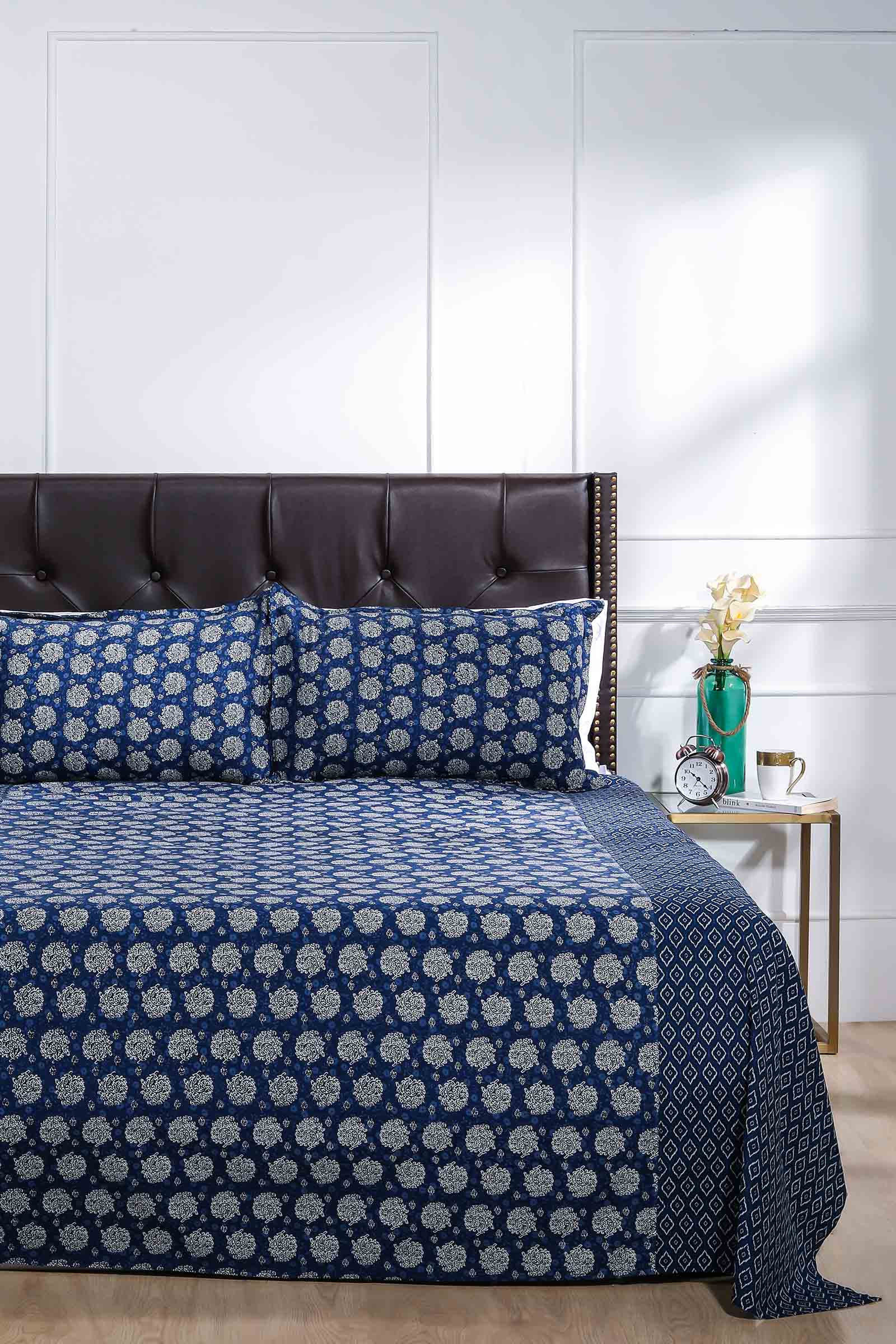 Block Printed Bedsheet Indigo ikkat 90 x 108inch - grahsajja