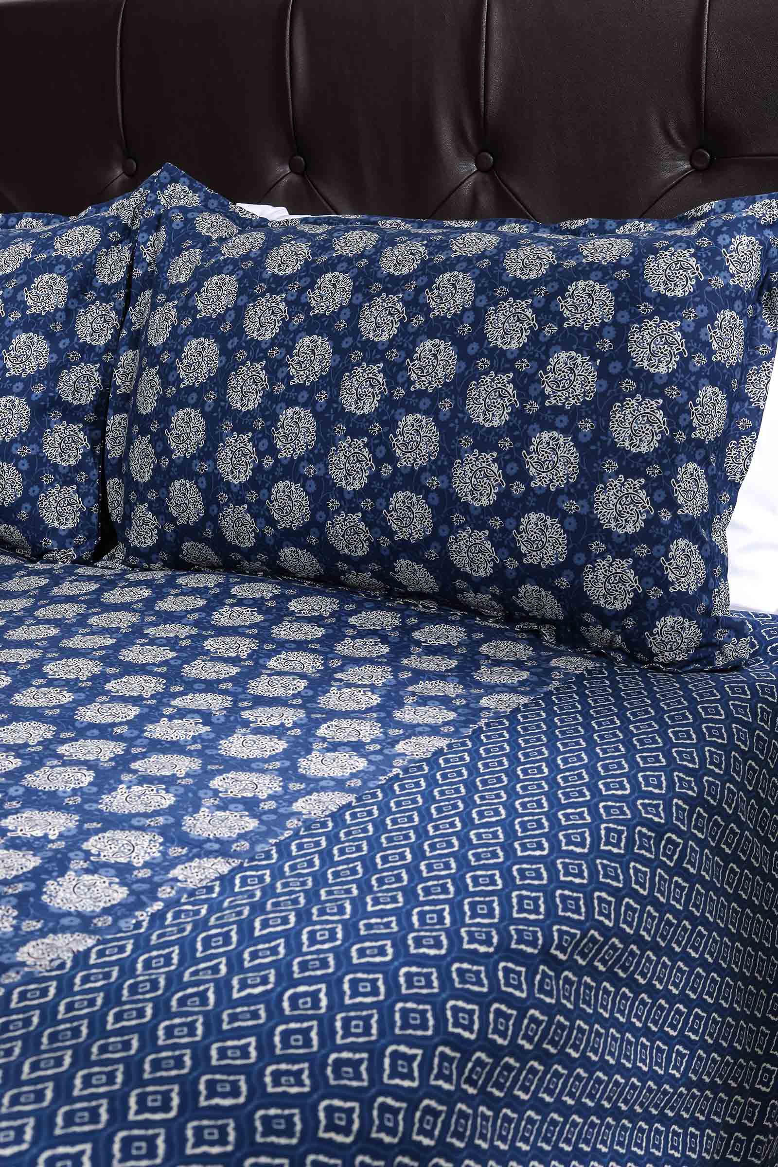 Block Printed Bedsheet Indigo ikkat 90 x 108inch - grahsajja