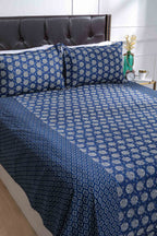 Block Printed Bedsheet Indigo ikkat 90 x 108inch - grahsajja