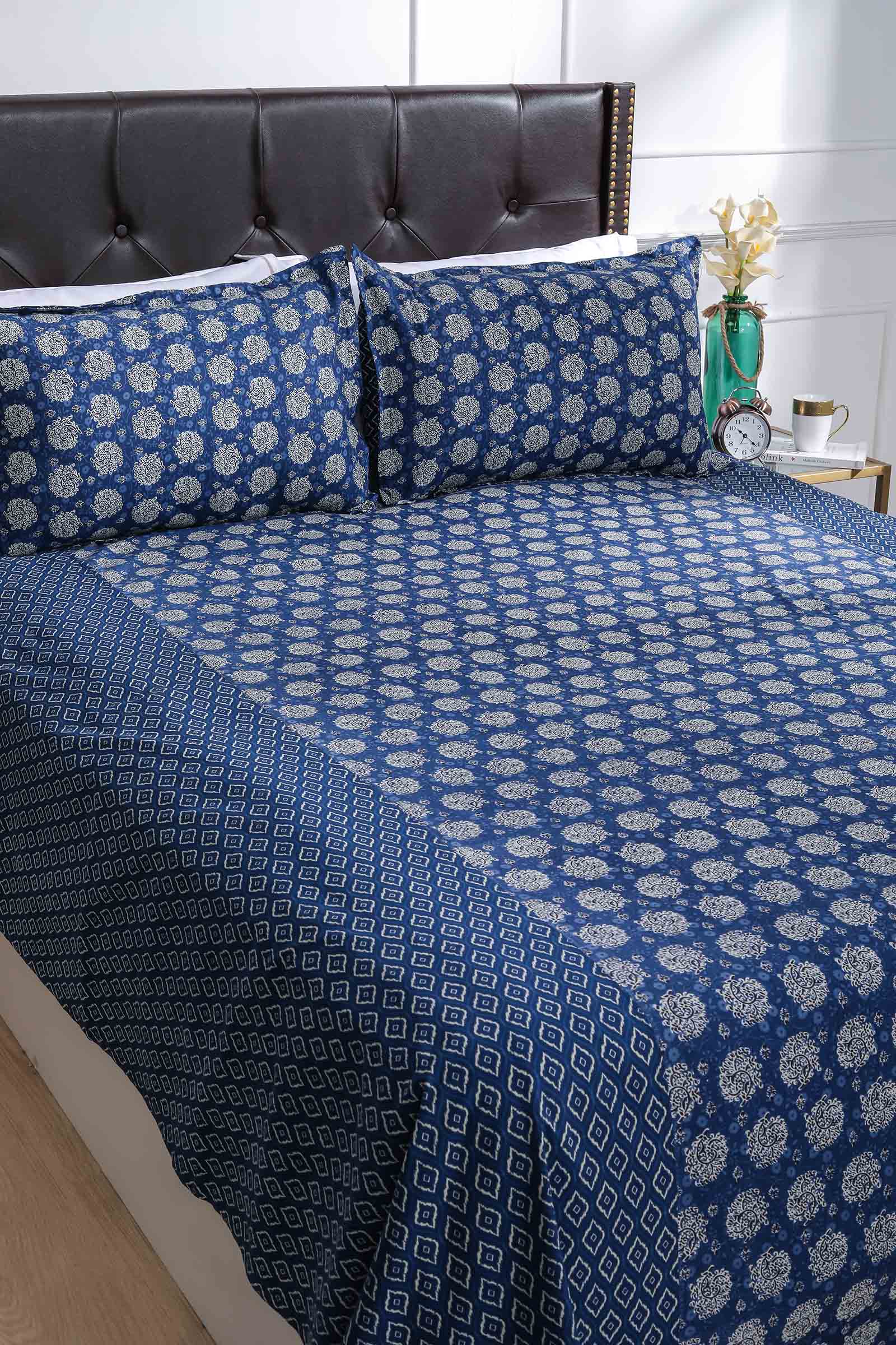Block Printed Bedsheet Indigo ikkat 90 x 108inch - grahsajja