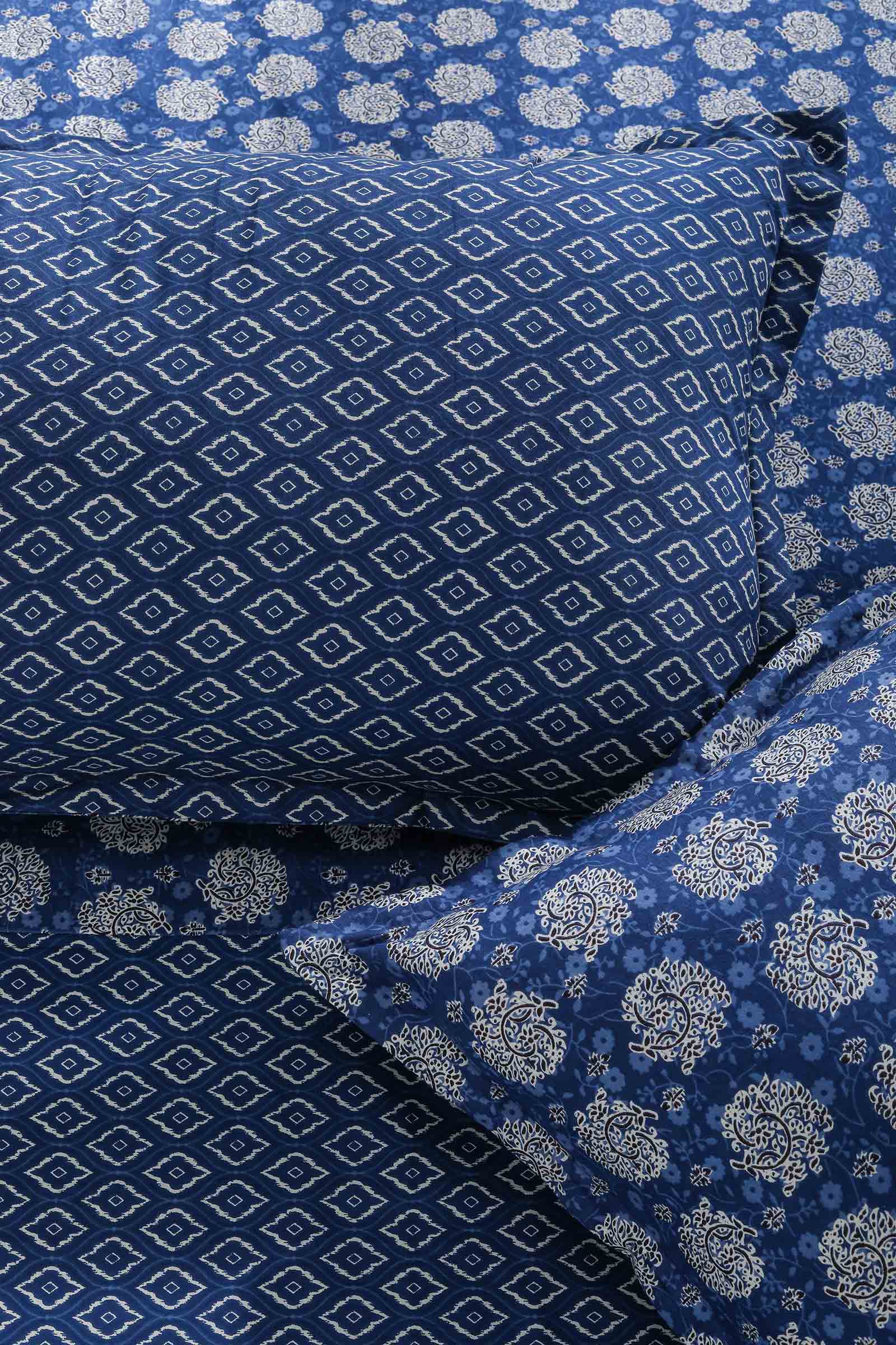 Block Printed Bedsheet Indigo ikkat 90 x 108inch - grahsajja