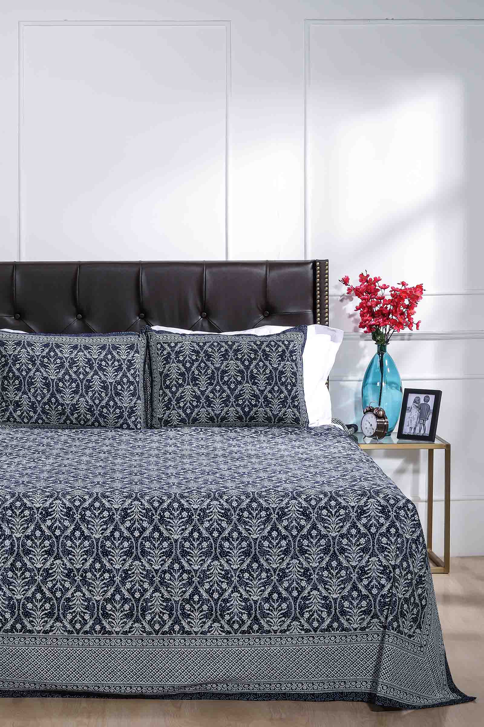 Printed Bedsheet Pastel Jaal Print Blue 90 x 108inch - grahsajja