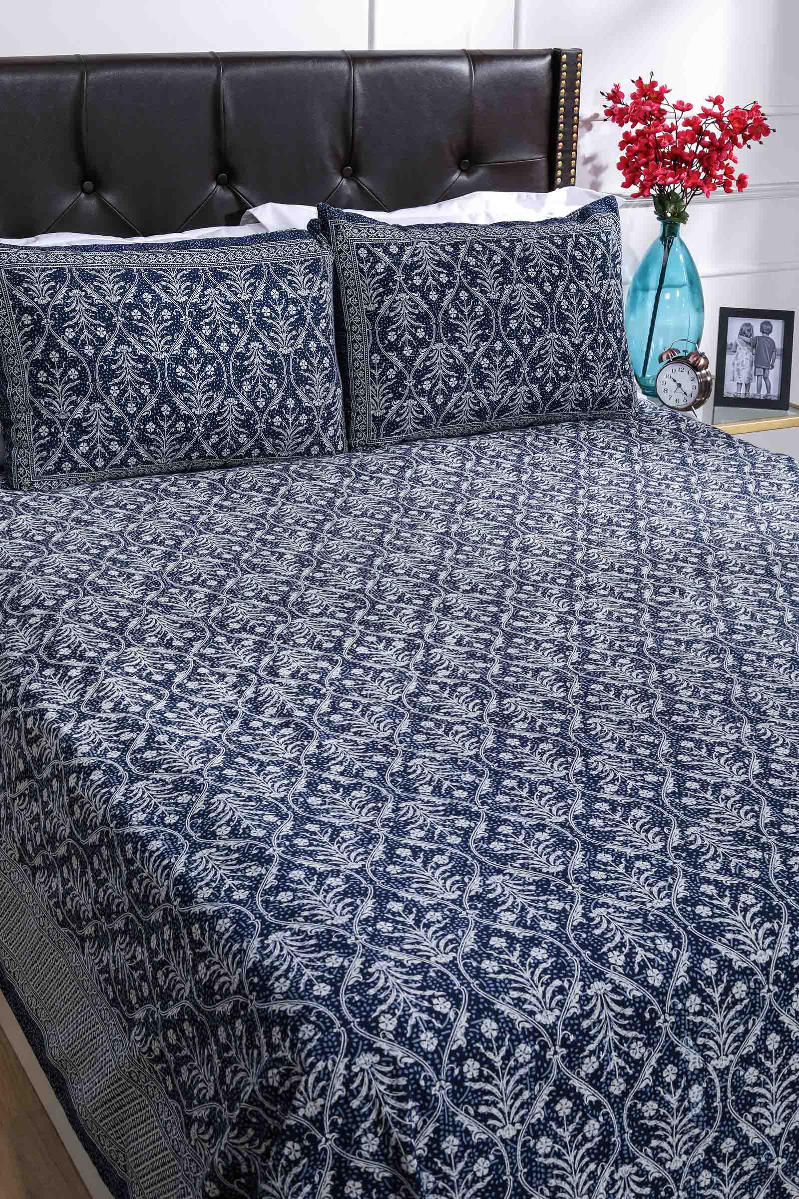 Printed Bedsheet Pastel Jaal Print Blue 90 x 108inch - grahsajja