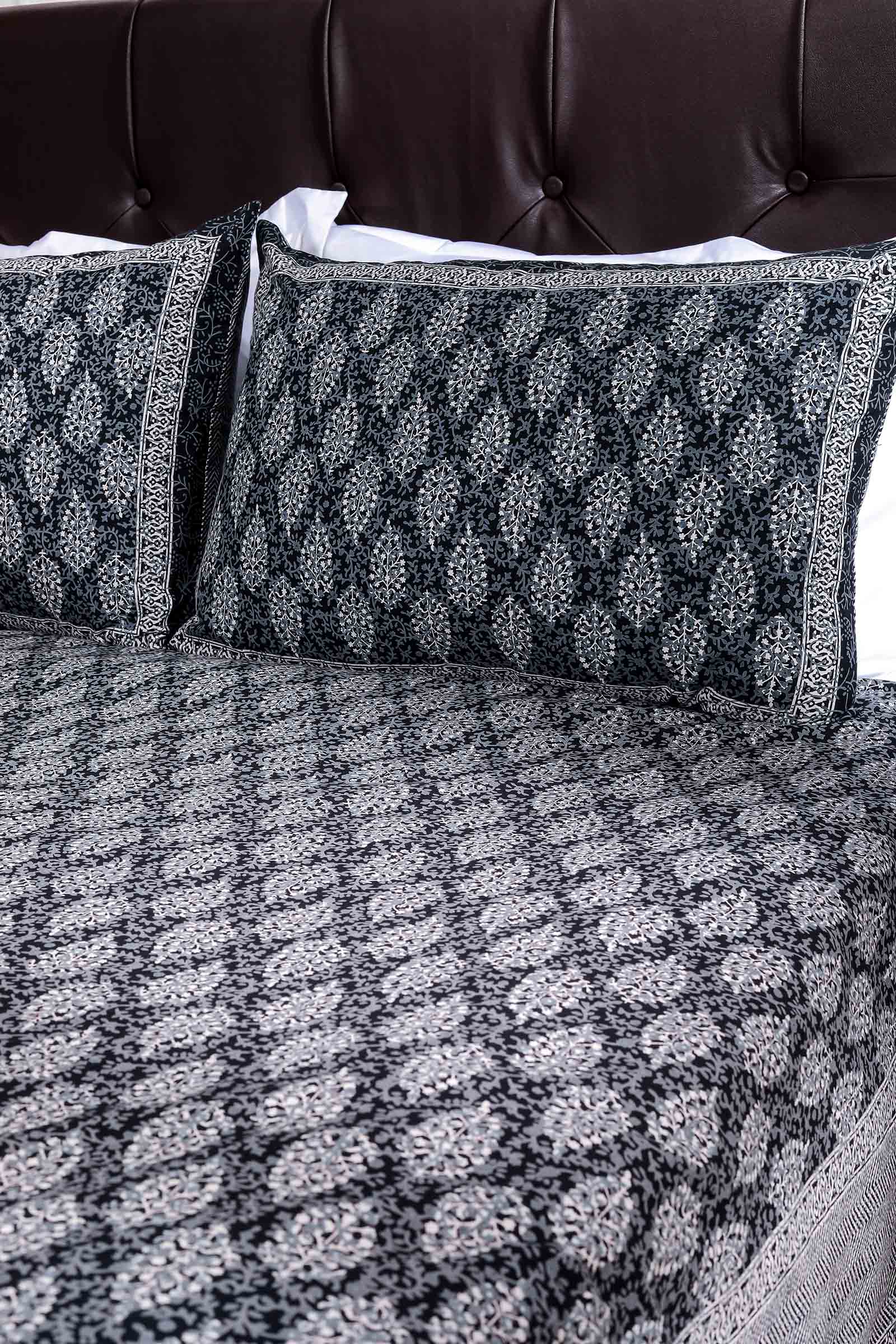 Block Printed Bedsheet Boota Black 90 x 108inch - grahsajja