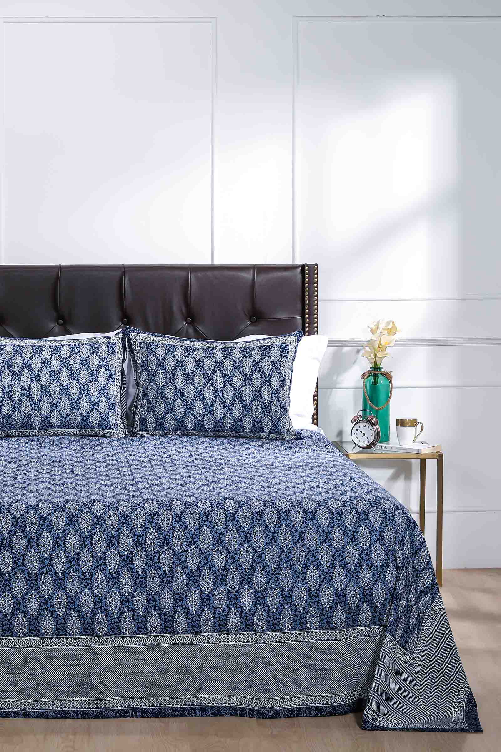 Block Printed Bedsheet Boota Blue 90 x 108inch - grahsajja