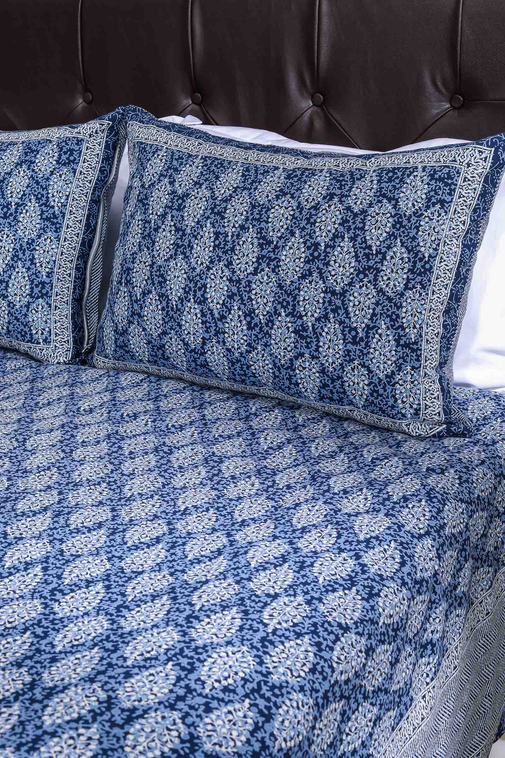 Block Printed Bedsheet Boota Blue 90 x 108inch - grahsajja