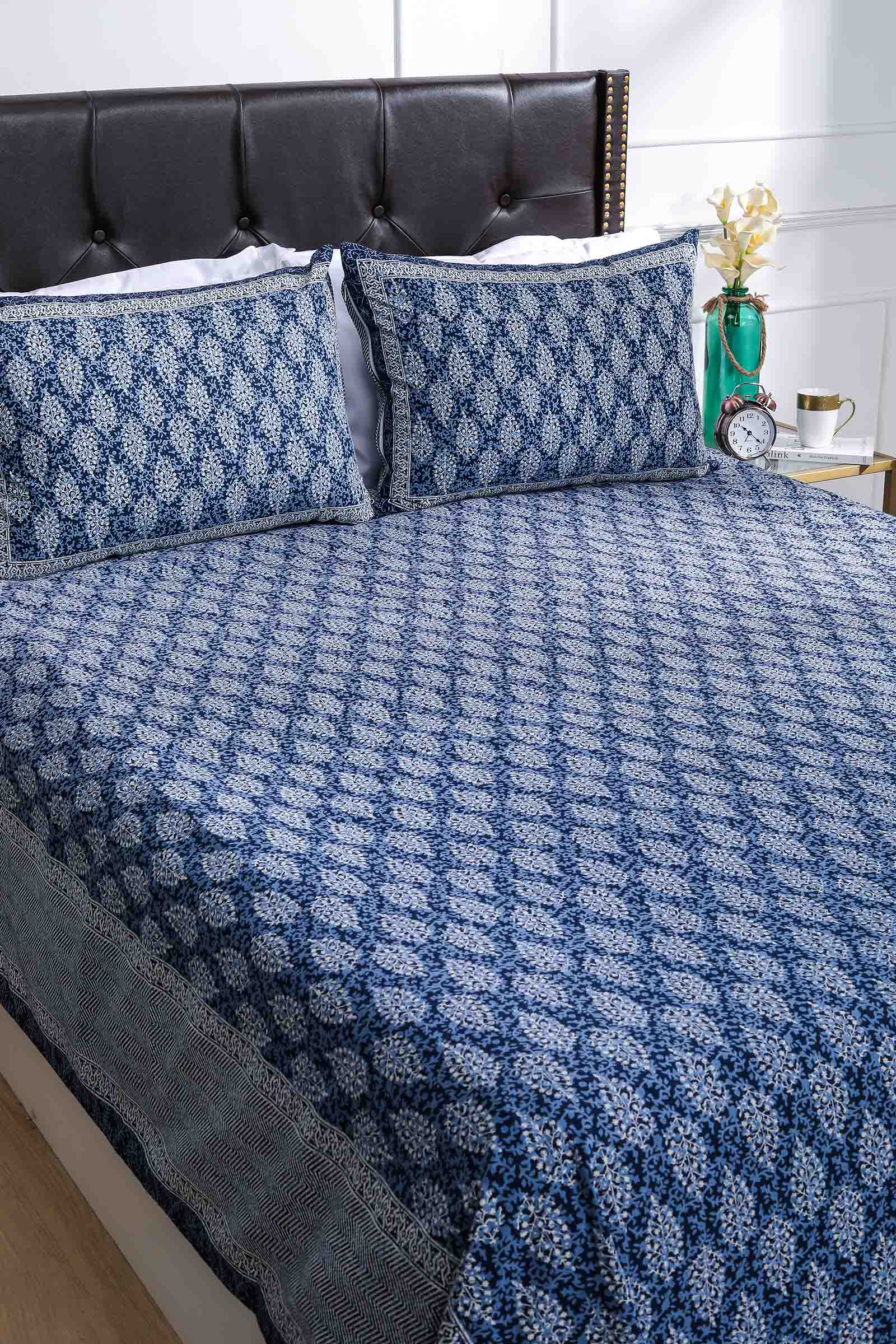 Block Printed Bedsheet Boota Blue 90 x 108inch - grahsajja