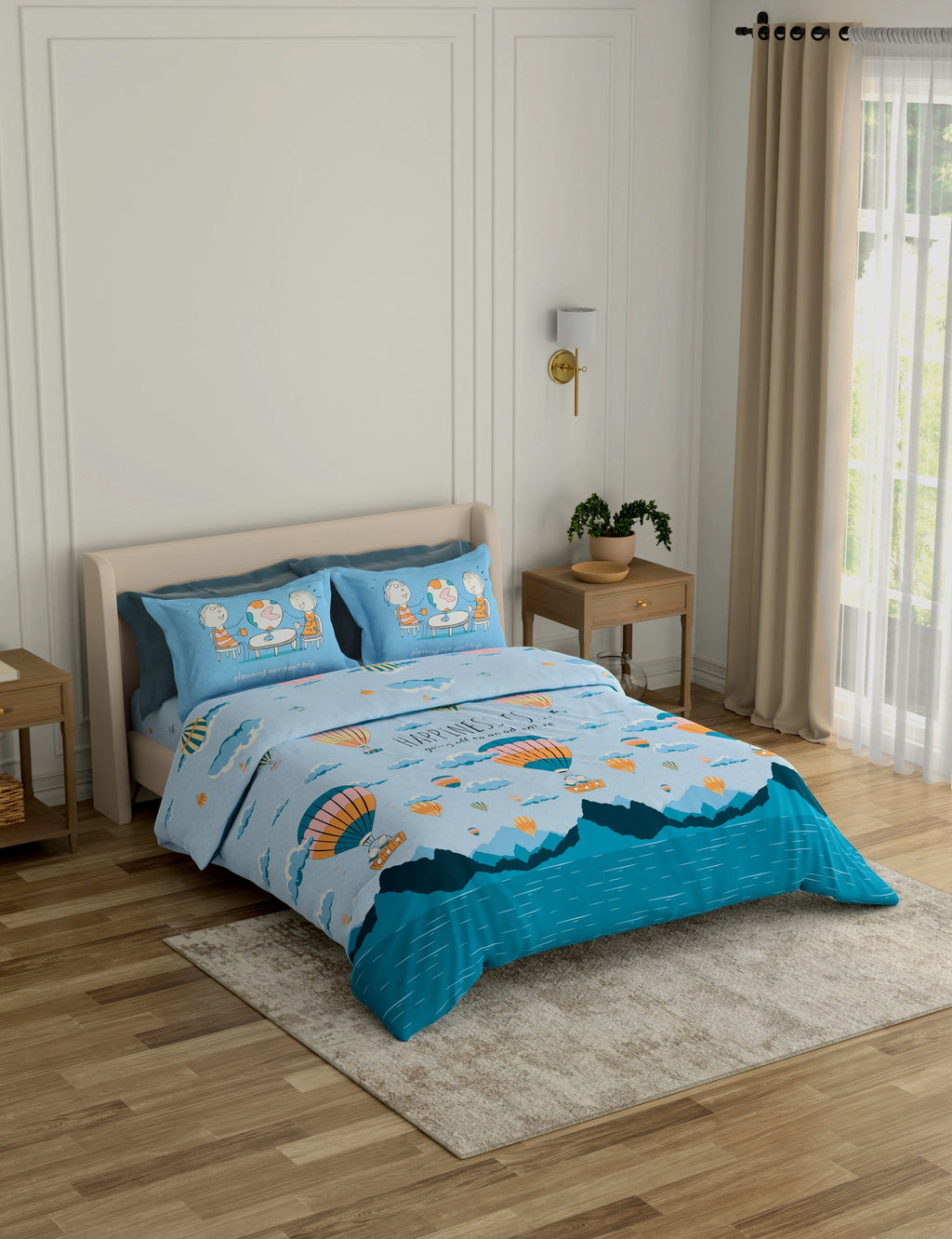 New Portico New York Happiness Printed Cotton Super King Size Double Bed Bedsheet with Pillow Cover (266X274 cm, Multicolour)