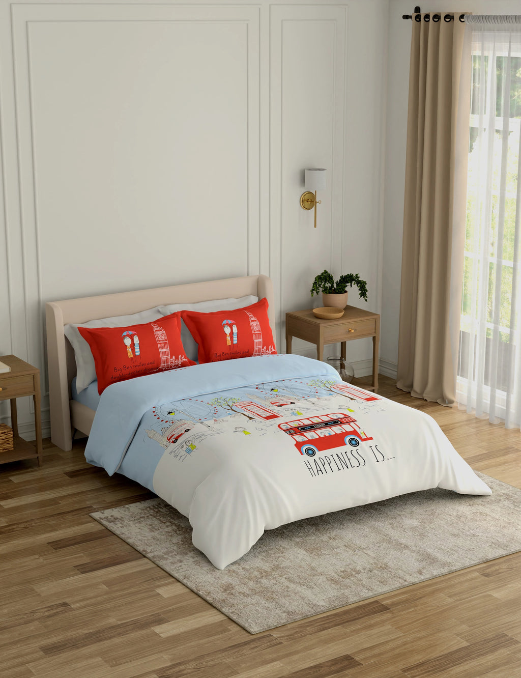 New Portico New York Happiness Printed Cotton Super King Size Double Bed Bedsheet with Pillow Cover (266X274 cm, Multicolour)