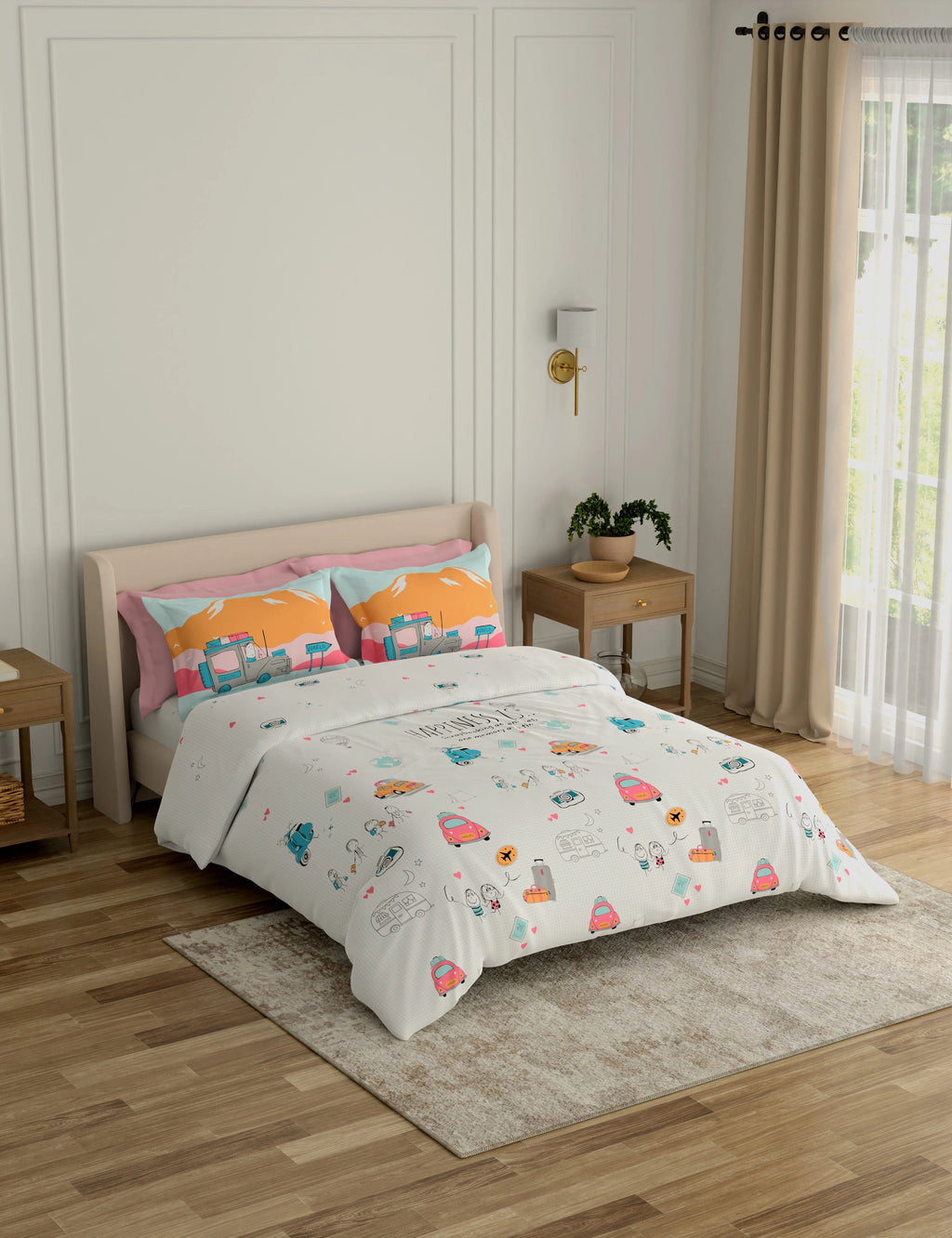 New Portico New York Happiness Printed Cotton Super King Size Double Bed Bedsheet with Pillow Cover (266X274 cm, Multicolour)
