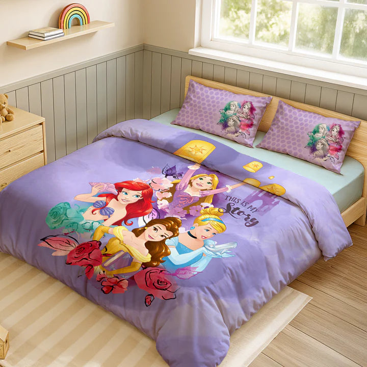 Disney Princess Digital Printed 300TC Cotton Bedsheet (Purple)
