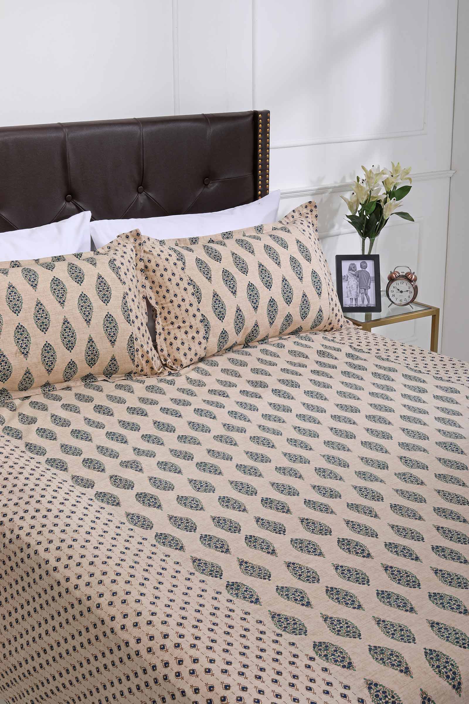 Block Printed Bedsheet Ornament Blue 90 x 108inch - grahsajja