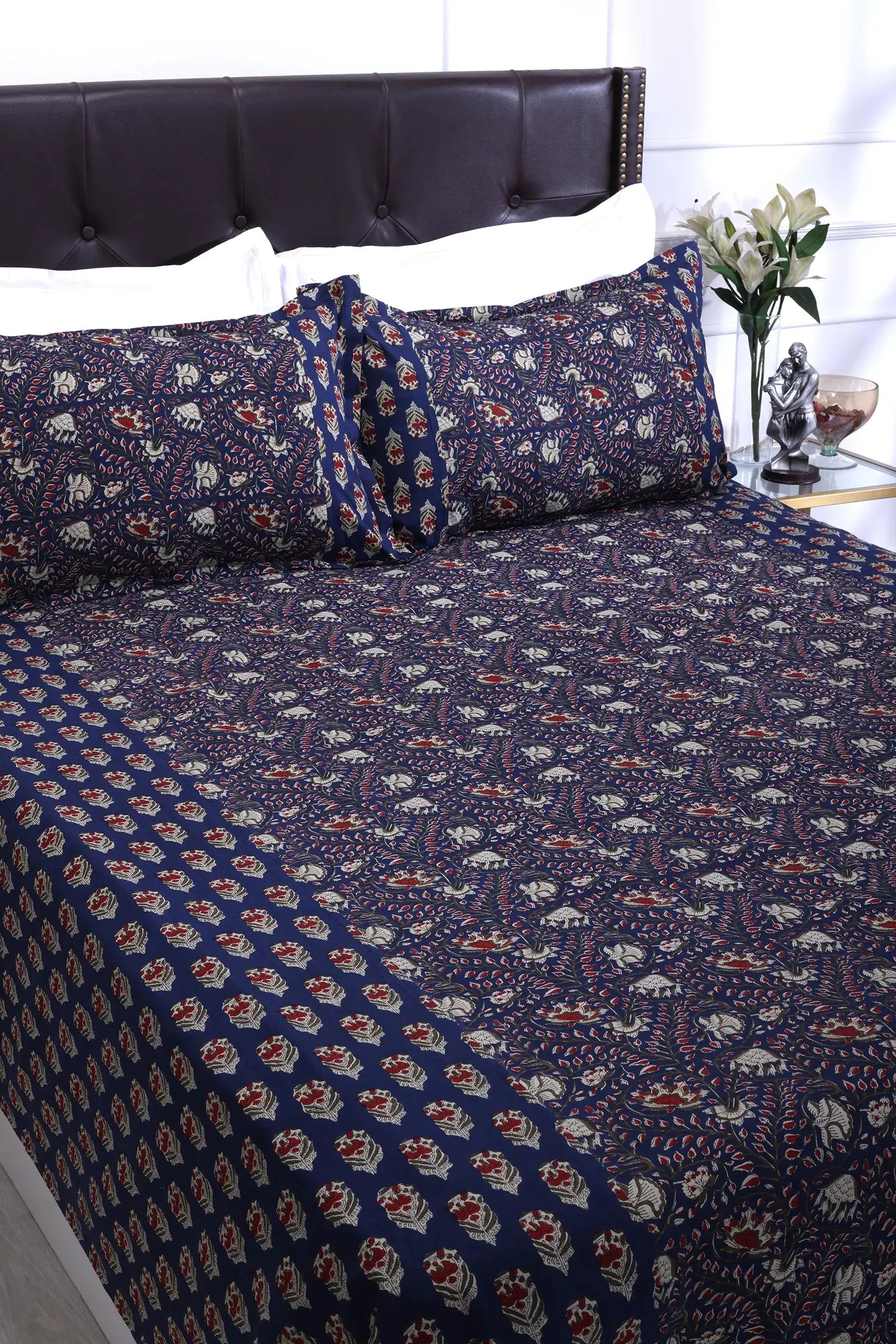 Azmina Jaal Navy Blue Cotton Bedsheet - grahsajja