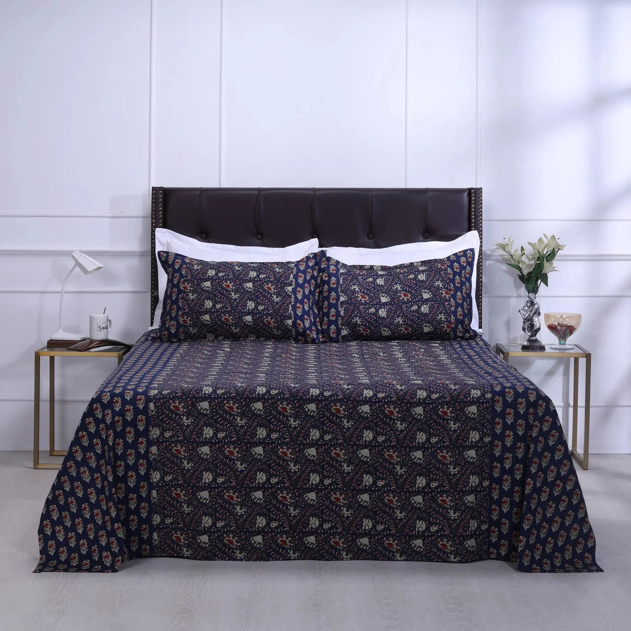 Azmina Jaal Navy Blue Cotton Bedsheet - grahsajja