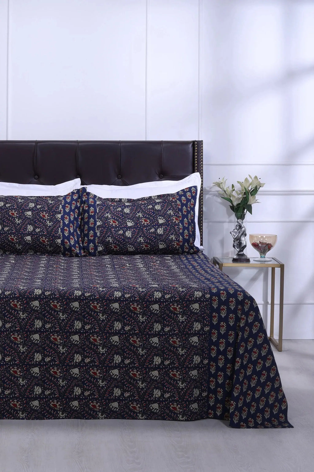 Azmina Jaal Navy Blue Cotton Bedsheet - grahsajja