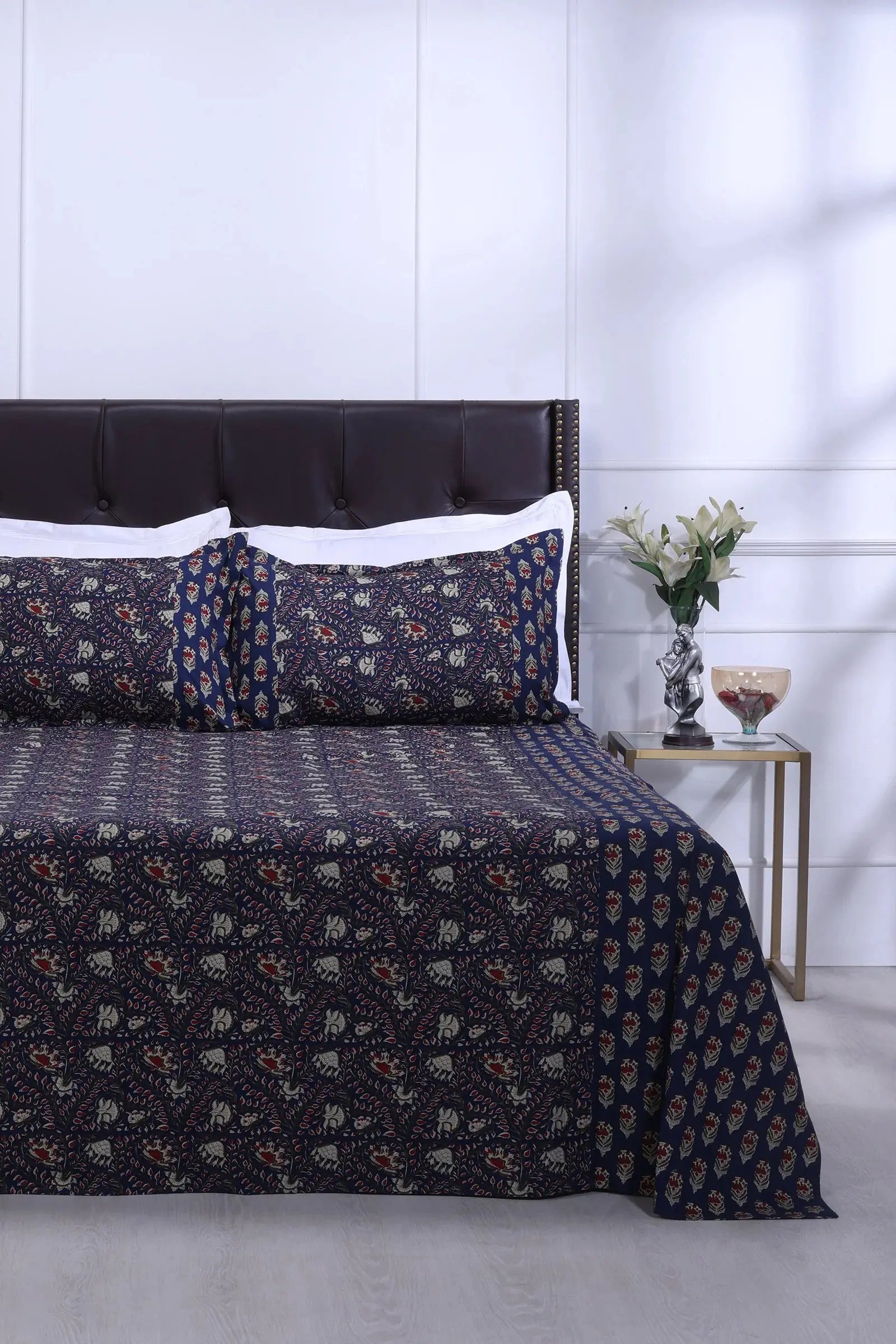 Azmina Jaal Navy Blue Cotton Bedsheet - grahsajja