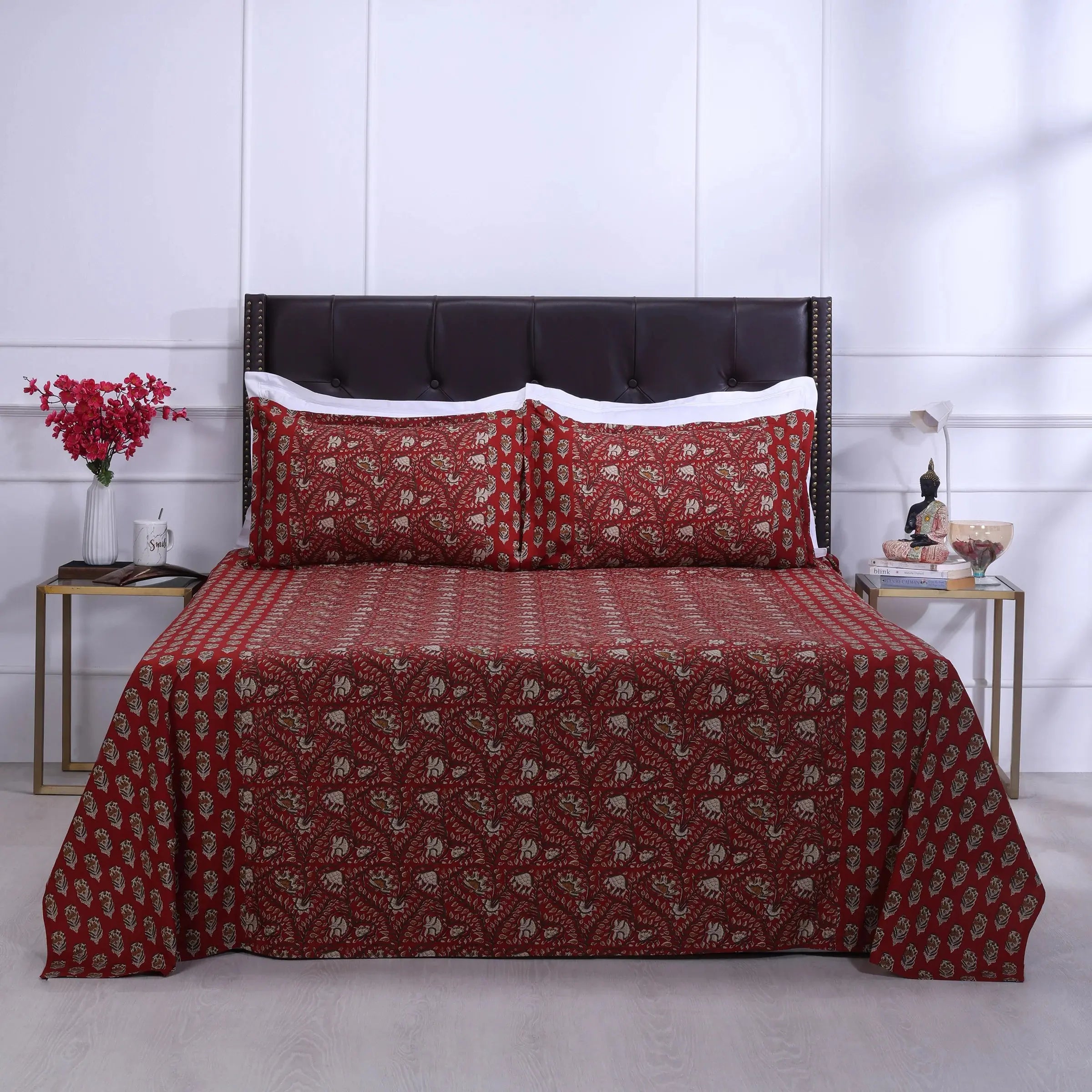 Azmina Jaal Red Cotton Bedsheet 90 x 108 in - grahsajja