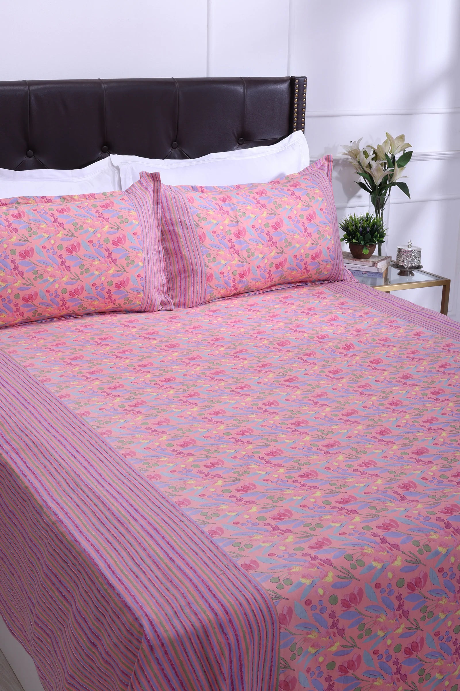 Floral Block Printed Bedsheet 0201 90 x 108inch - grahsajja