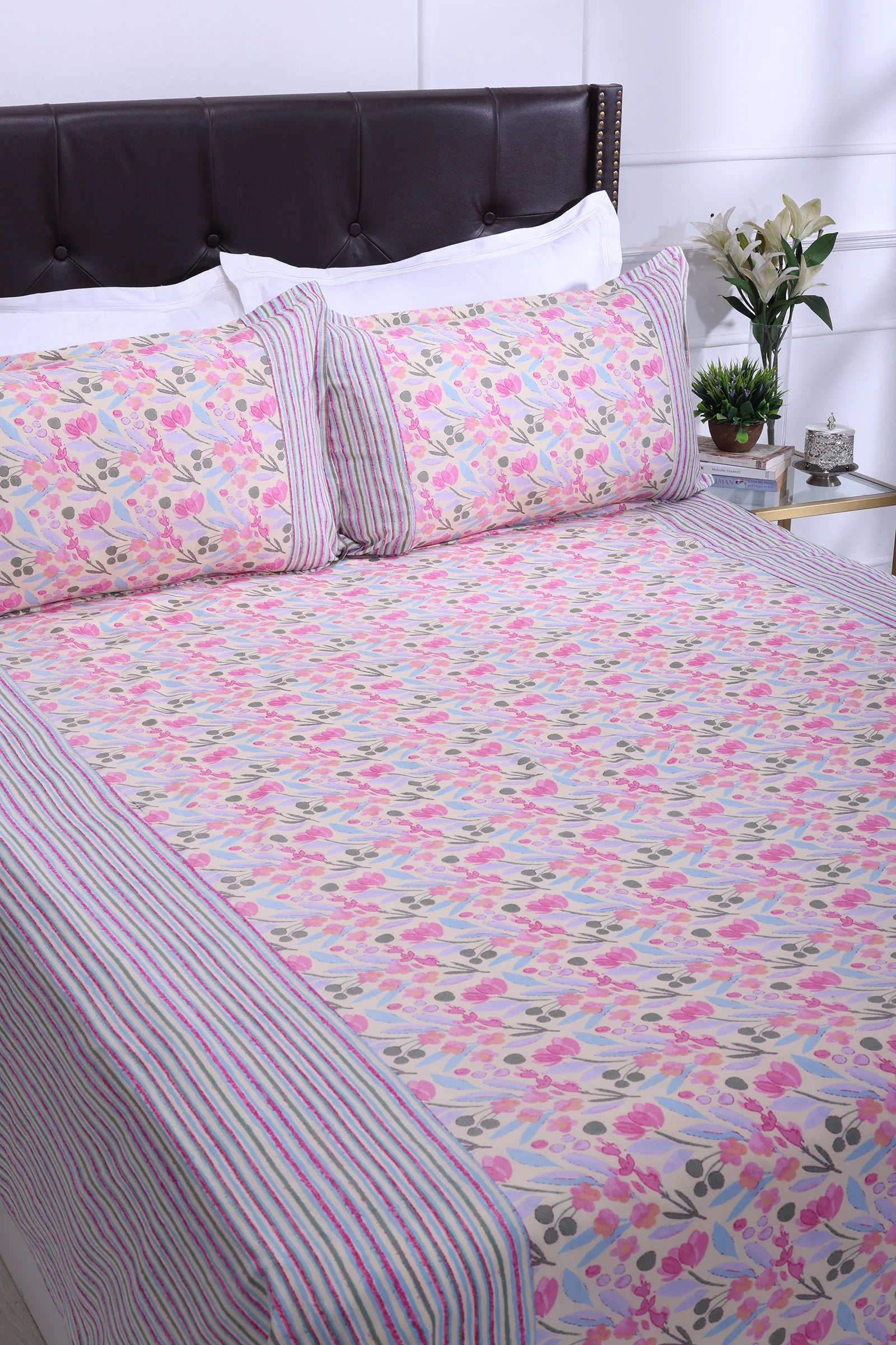 Floral Block Printed Bedsheet 0201 90 x 108inch - grahsajja