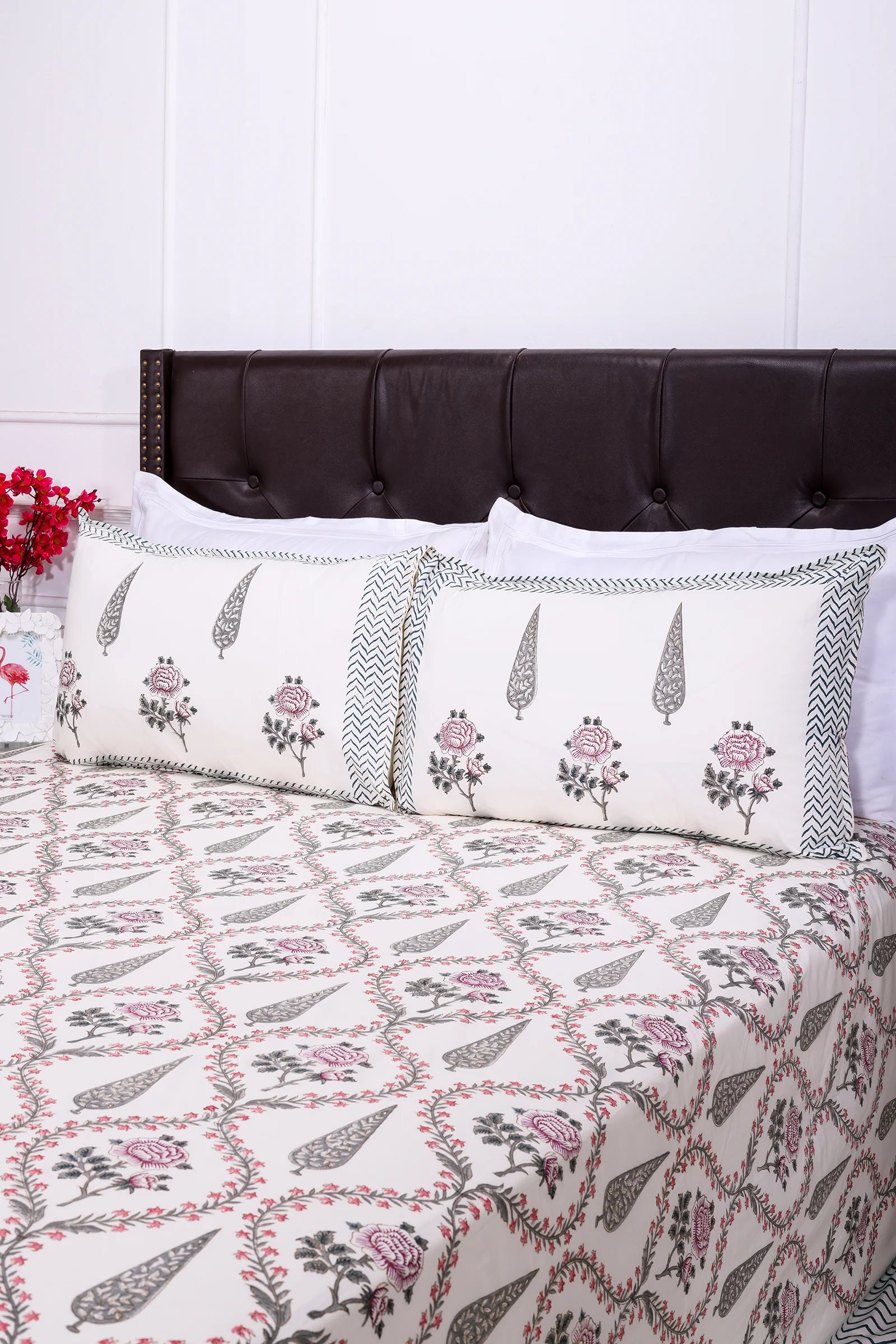Cypress & Rose jaal block White Cotton Percale Bedsheet -108 x 108inch - grahsajja