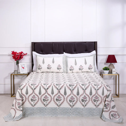 Cypress & Rose jaal block White Cotton Percale Bedsheet -108 x 108inch - grahsajja