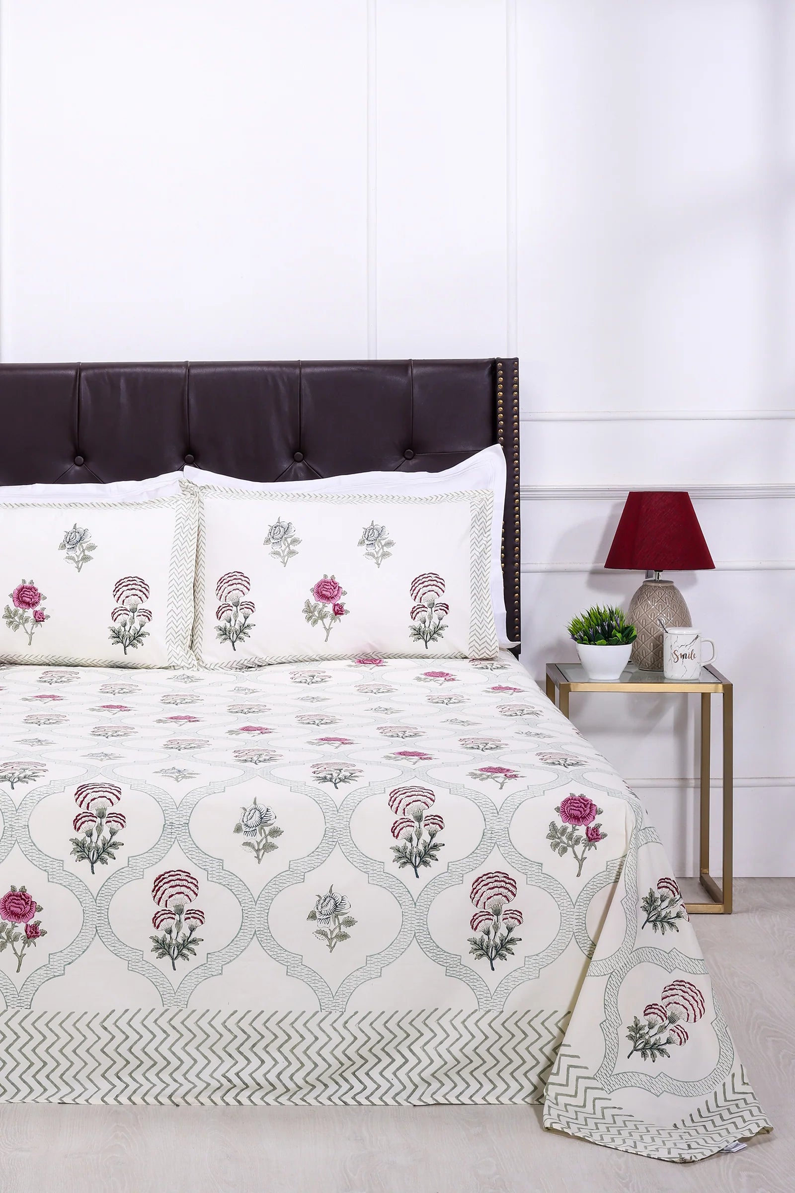 Rose Jaal block Cream Cotton Percale Bedsheet -108 x 108inch - grahsajja