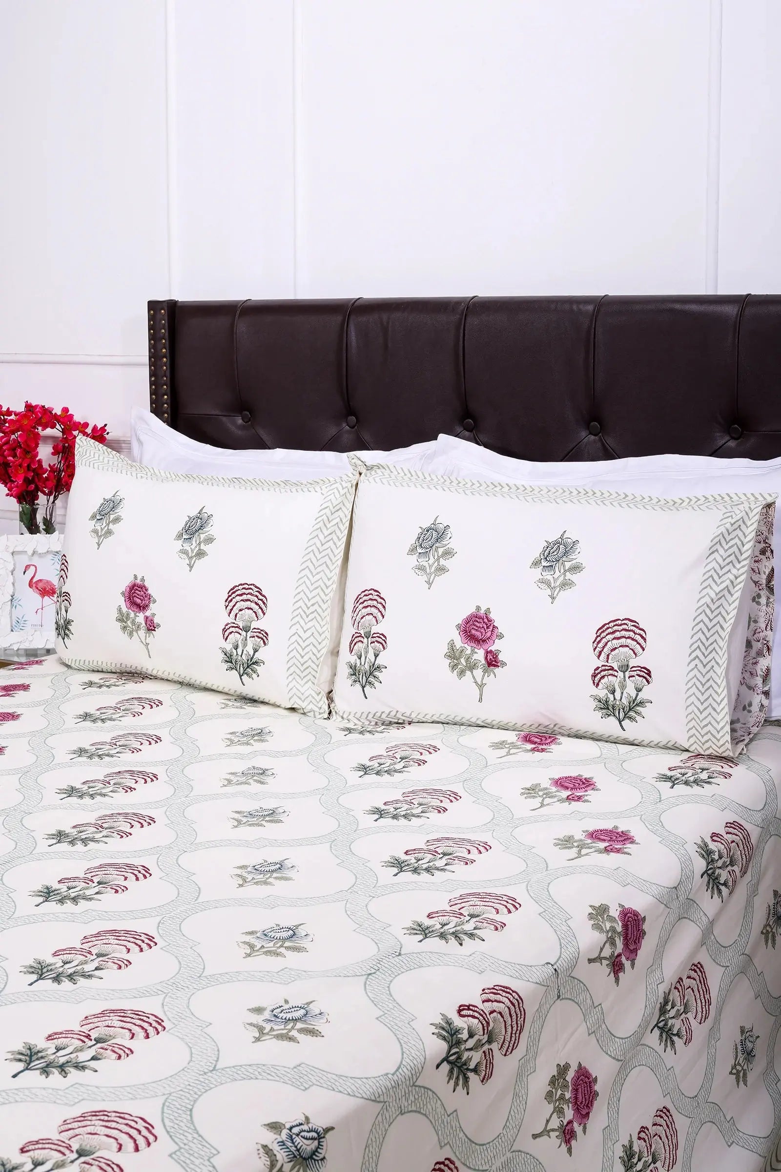 Rose Jaal block Cream Cotton Percale Bedsheet -108 x 108inch - grahsajja
