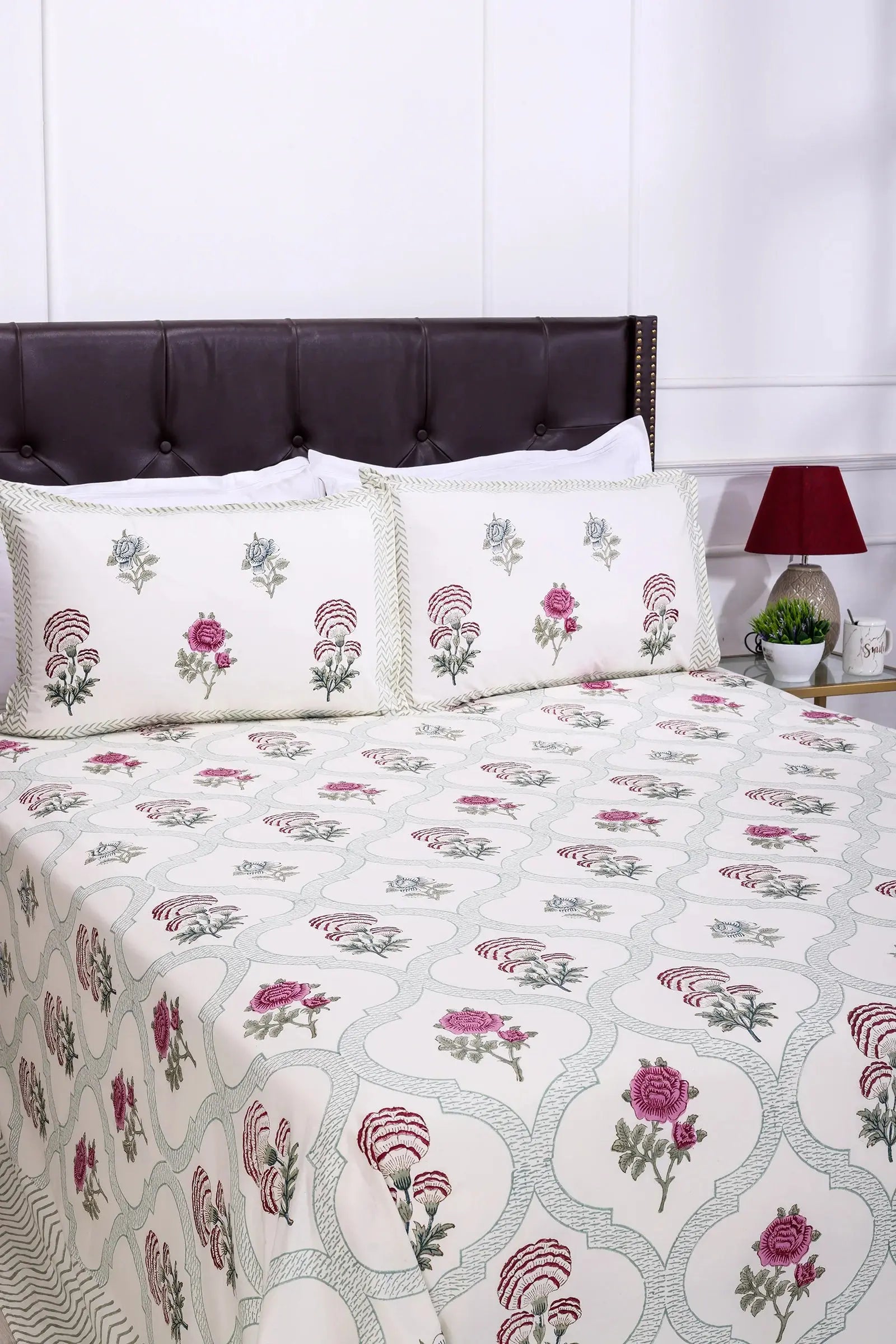 Rose Jaal block Cream Cotton Percale Bedsheet -108 x 108inch - grahsajja