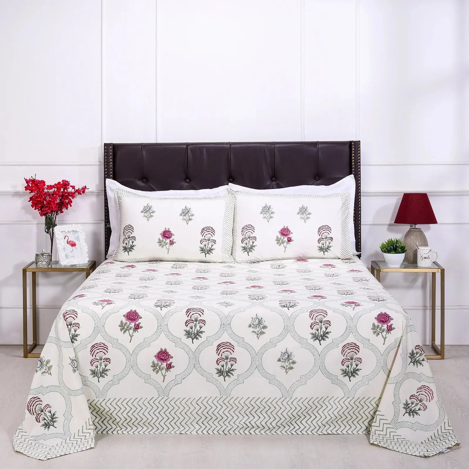 Rose Jaal block Cream Cotton Percale Bedsheet -108 x 108inch - grahsajja