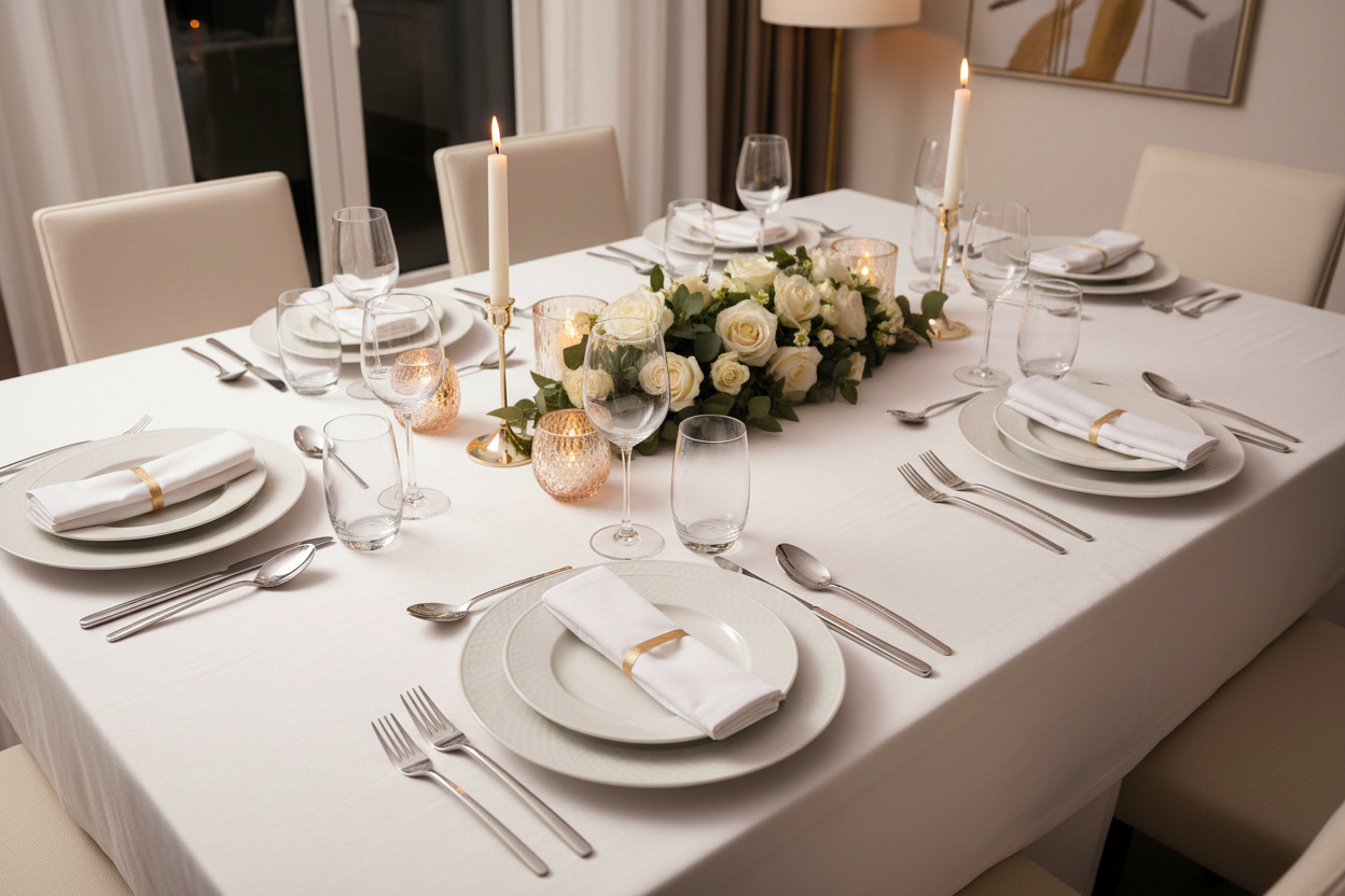 Elegant dining table set with white tablecloth, plates, silverware, candles, and flowers.