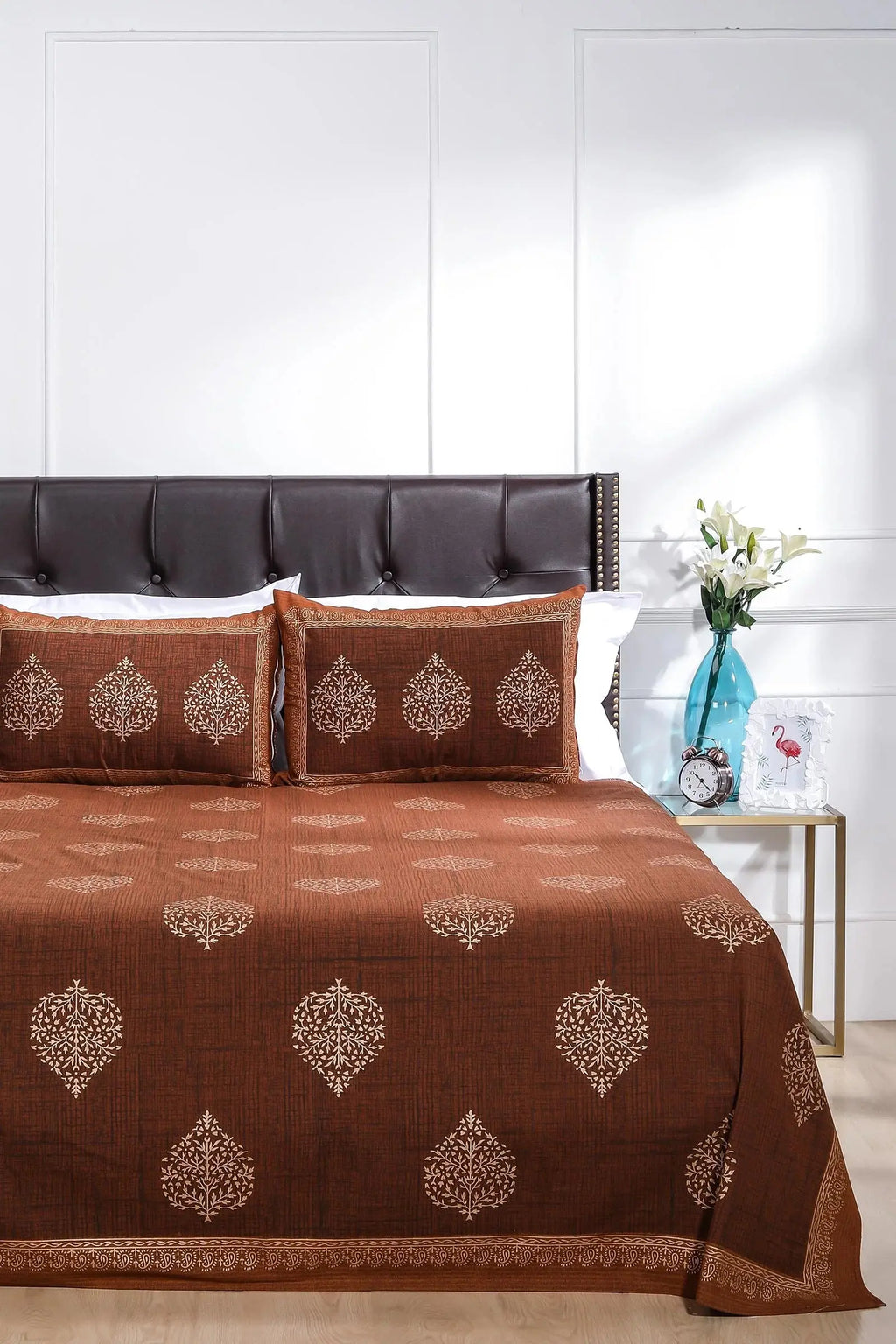 Block Printed Bedsheet Paan Print Blue Brown 90 x 108inch - grahsajja