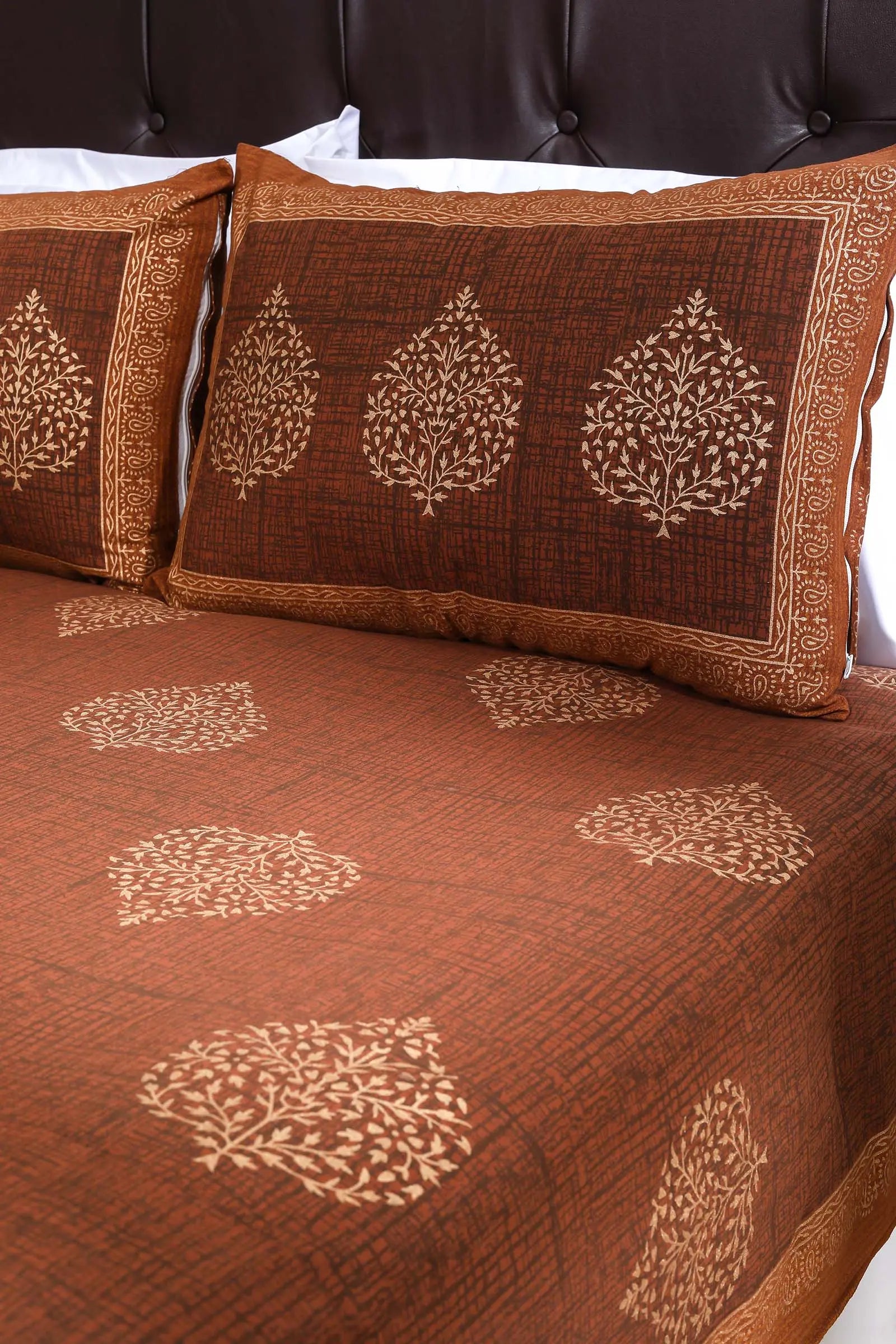 Block Printed Bedsheet Paan Print Blue Brown 90 x 108inch - grahsajja