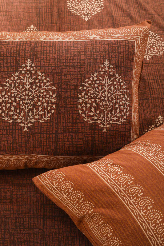 Block Printed Bedsheet Paan Print Blue Brown 90 x 108inch - grahsajja
