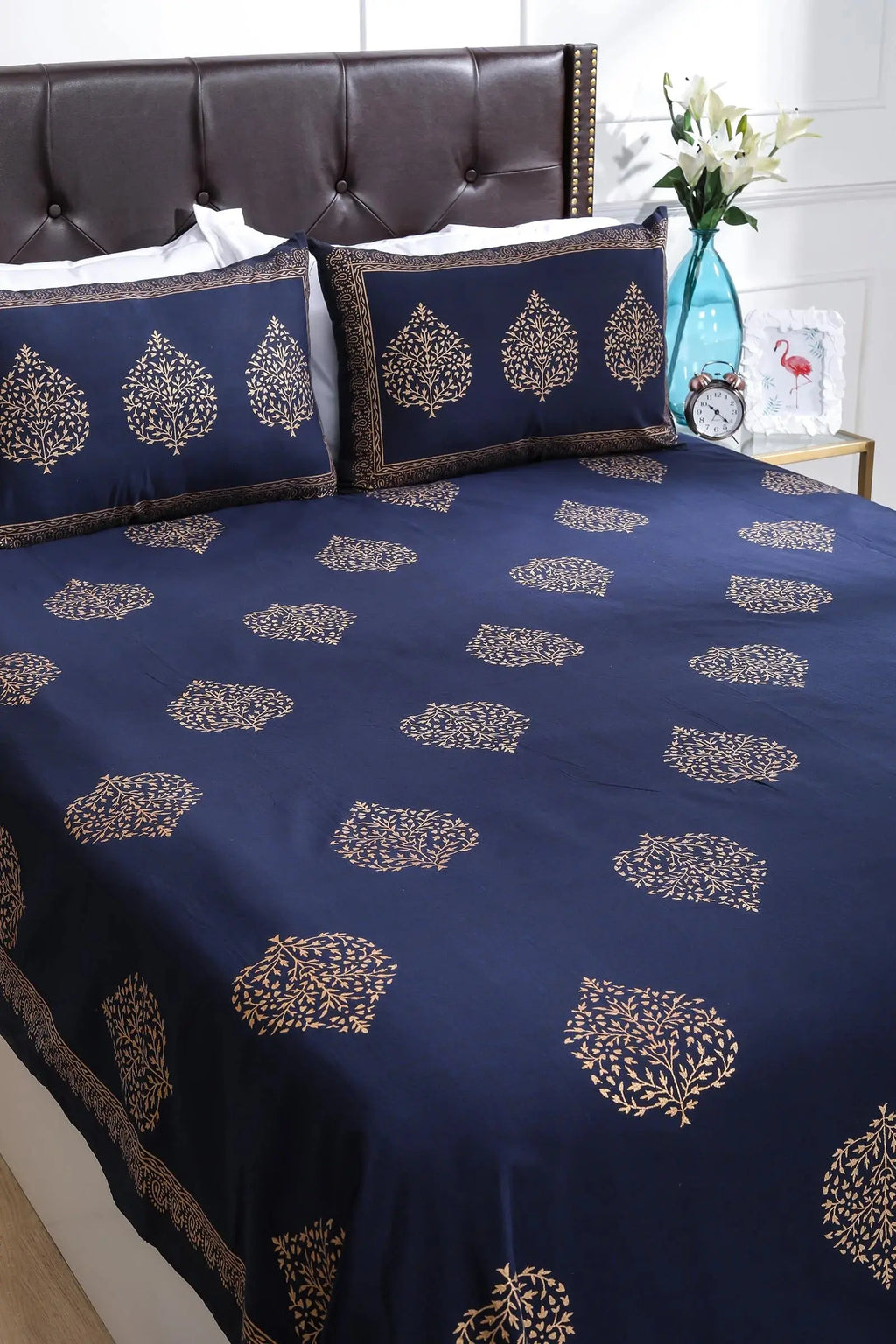 Block Printed Bedsheet Paan Print Blue 90 x 108inch - grahsajja
