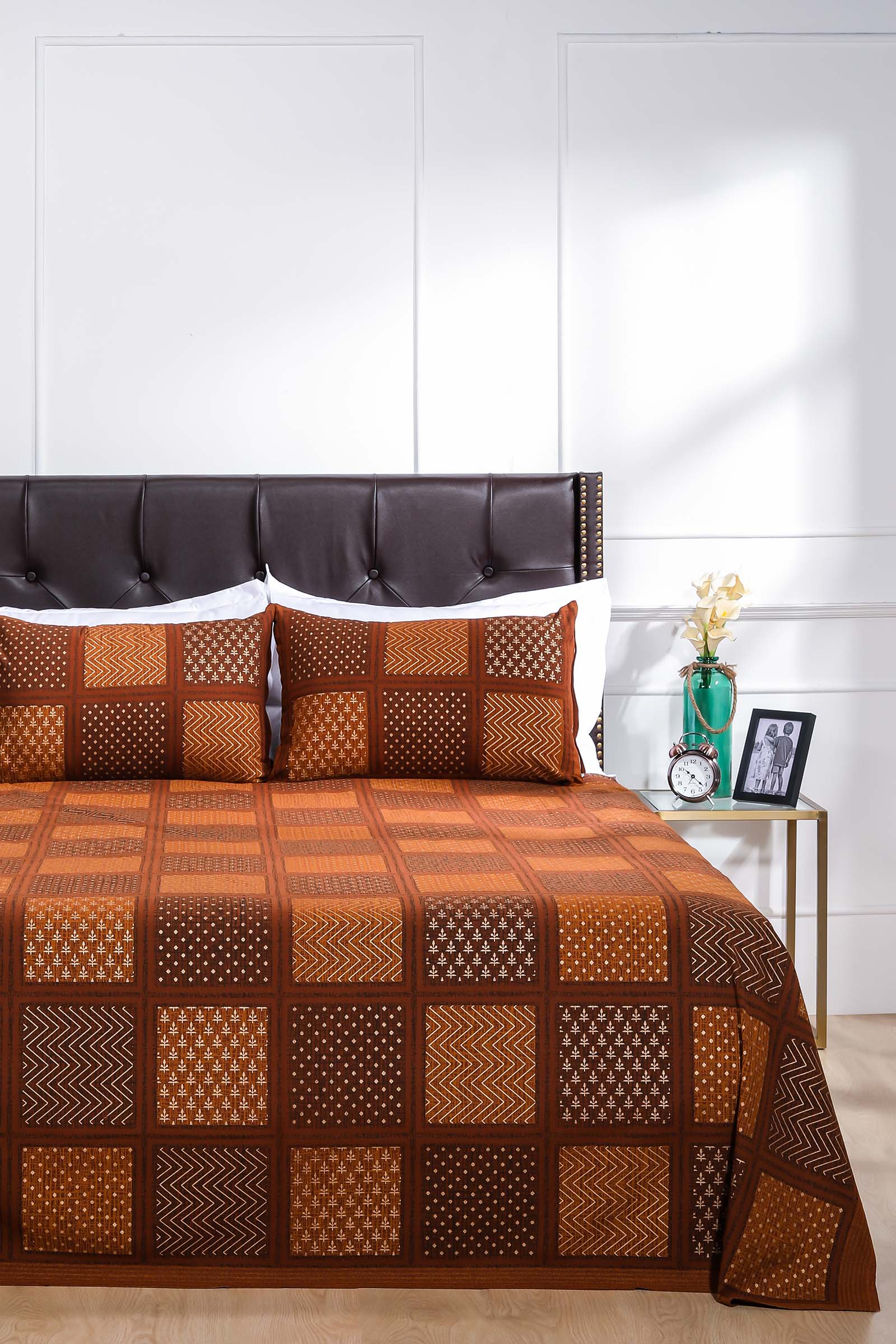 Block Printed Bedsheet Patch Print Brown 90 x 108inch - grahsajja