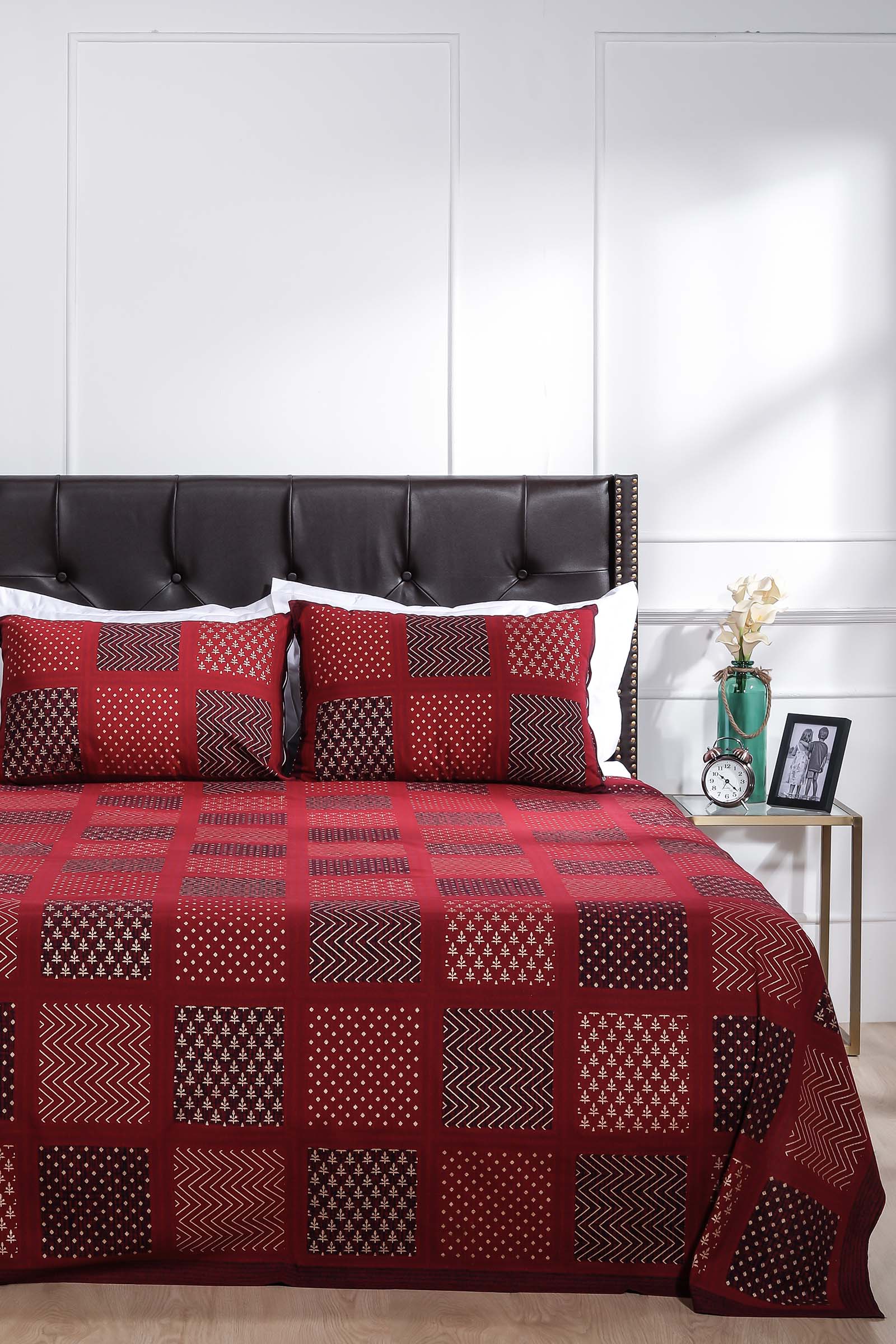 Block Printed Bedsheet Patch Print Maroon 90 x 108inch - grahsajja