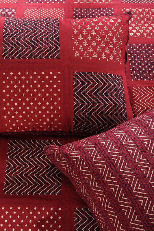 Block Printed Bedsheet Patch Print Maroon 90 x 108inch - grahsajja