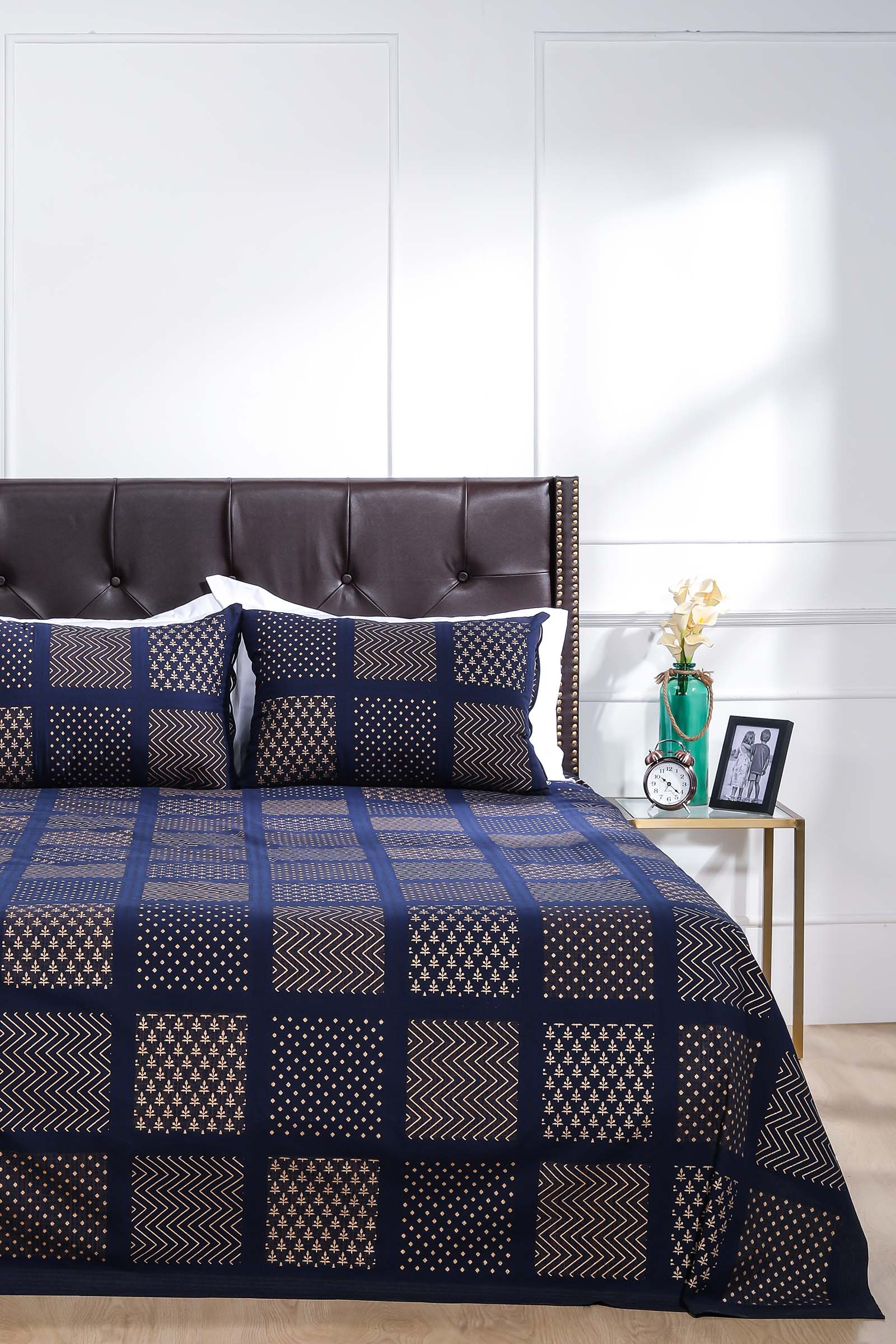 Block Printed Bedsheet Patch Print Blue 90 x 108inch - grahsajja