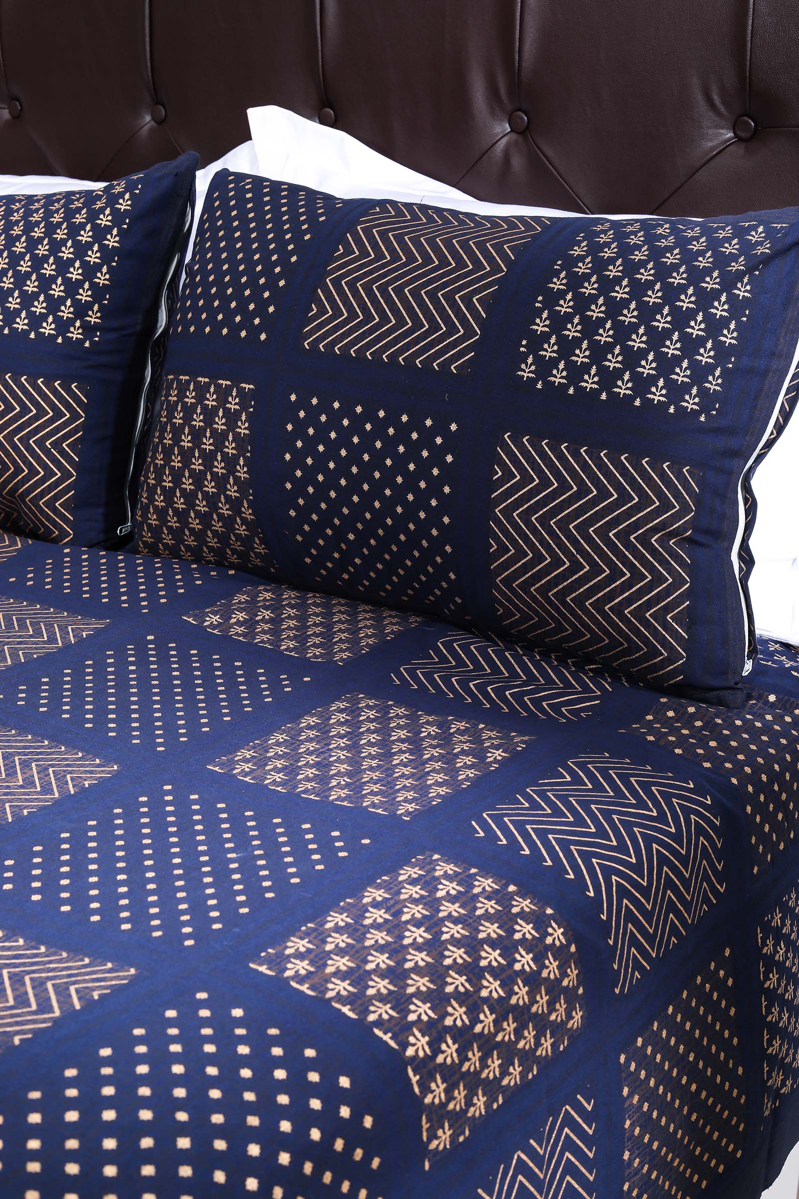 Block Printed Bedsheet Patch Print Blue 90 x 108inch - grahsajja