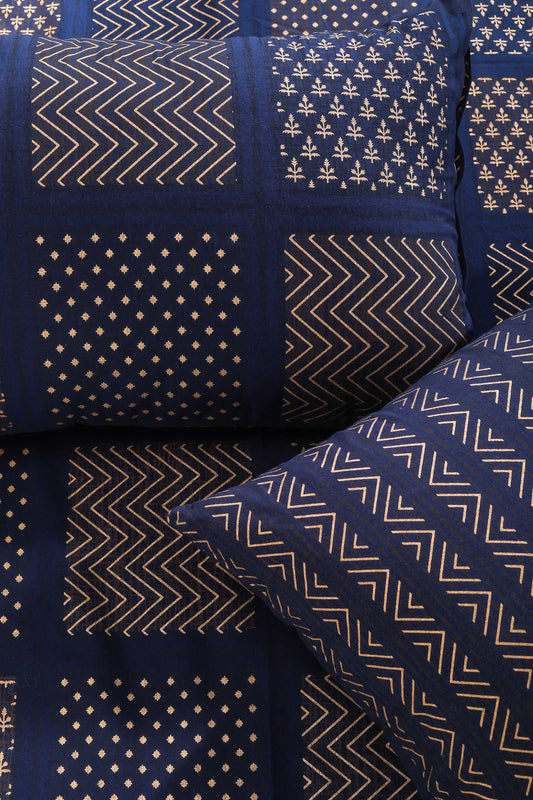 Block Printed Bedsheet Patch Print Blue 90 x 108inch - grahsajja