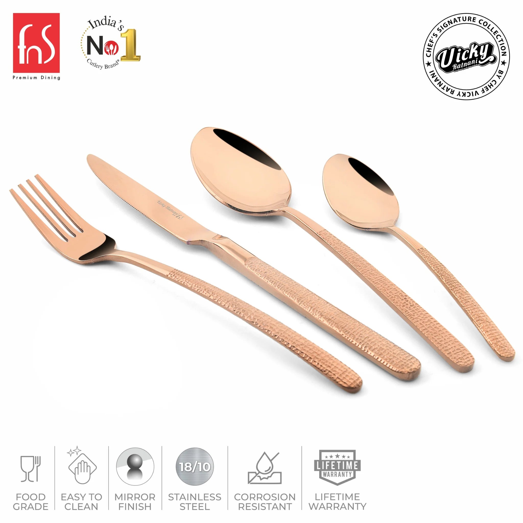 Chef Vicky Ratnani's Signature Collection By FnS Sorrento Rose Gold Stainless Steel 24 Pcs Cutlery Set